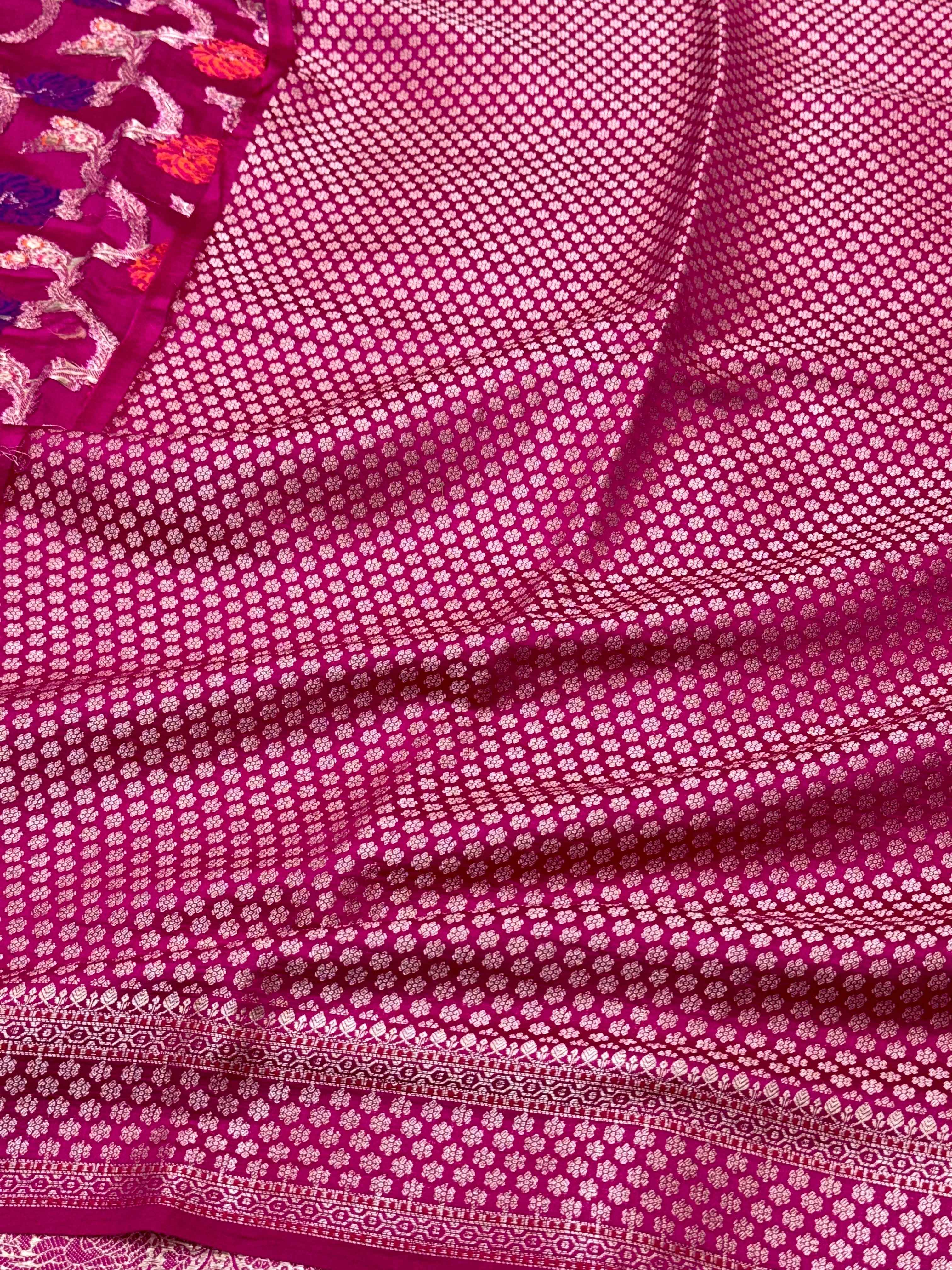 Hot Pink Pure Mulberry Chiniya Silk Meenakari Banarasi Saree- Lightweight