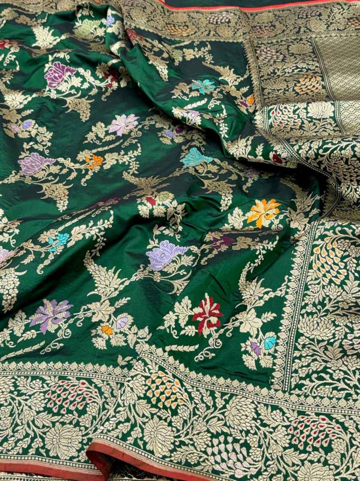 Bottle Green Pure Katan Silk Banarasi Handwoven Saree