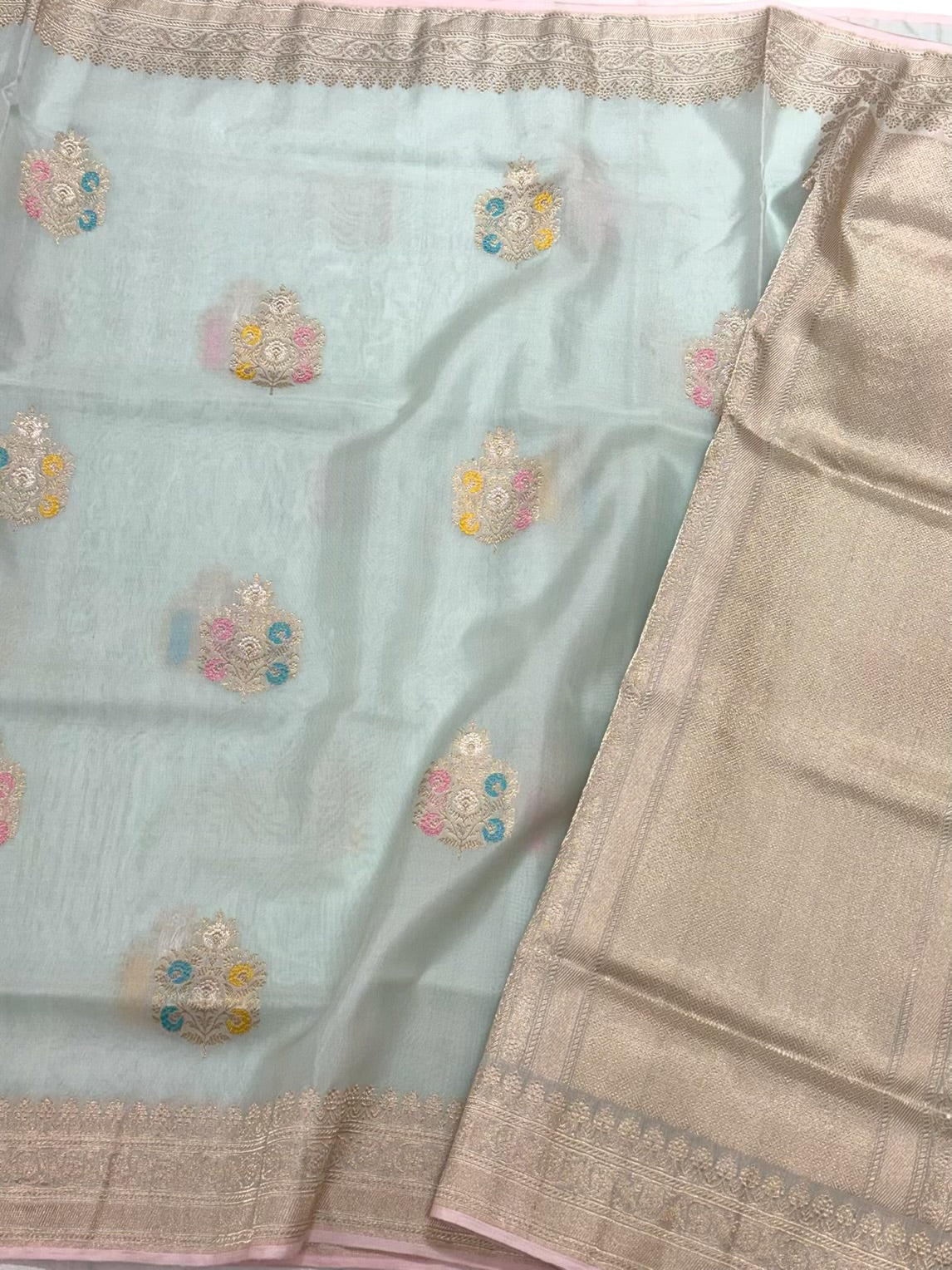 Pastel Blue Pure Mulberry Silk | Ektara Technique | Pure Kora Silk Handwoven Soft Drape Lightweight Banarasi Silk Saree