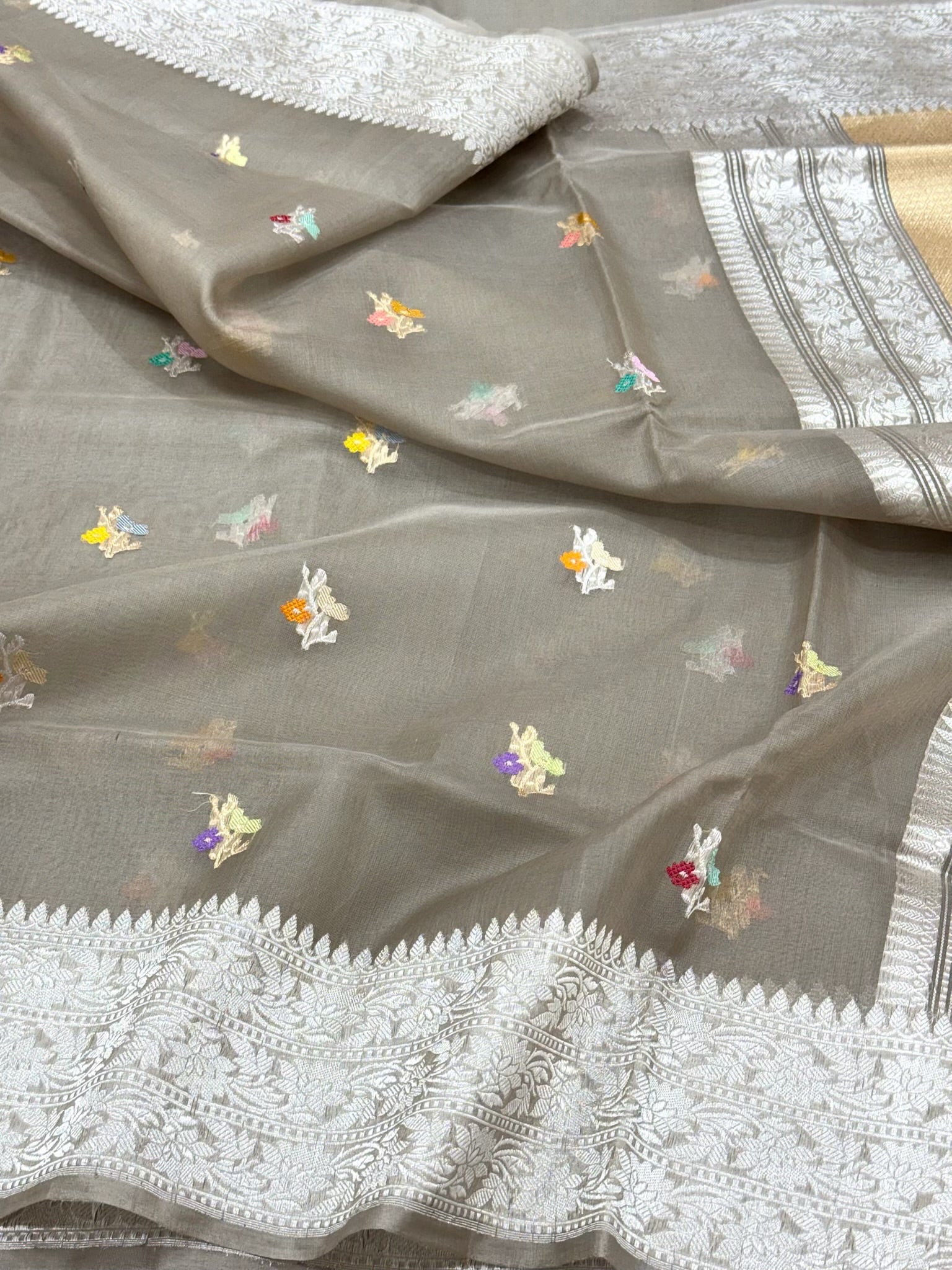 Warm Gray Pure Kora Mulberry Silk | Kadhwa Weave | Handwoven Banarasi Saree