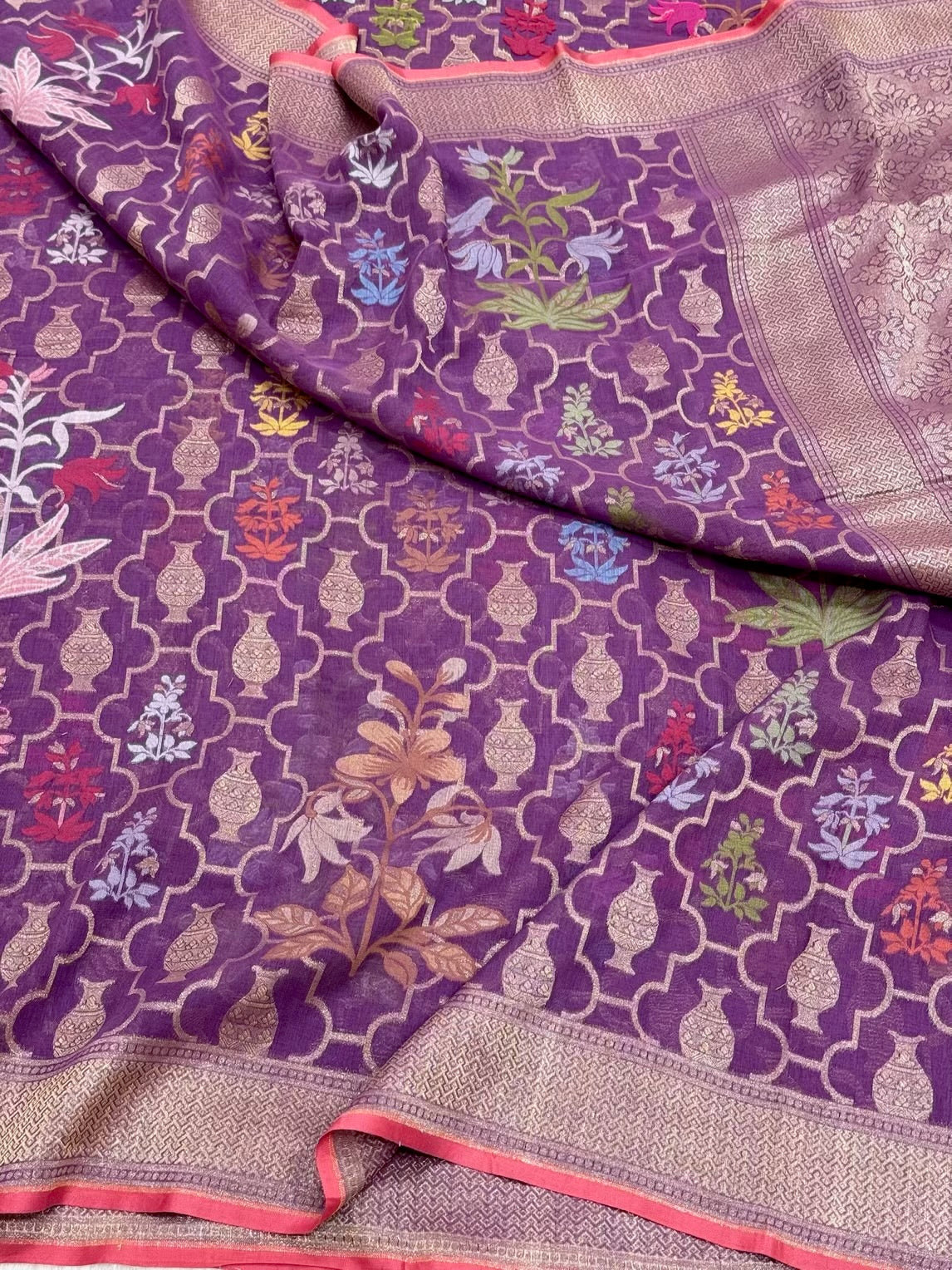 Dusty Lavender Pure Muslin Cotton Jamdani Hanloom Banrasi Saree |Ektara Weave|
