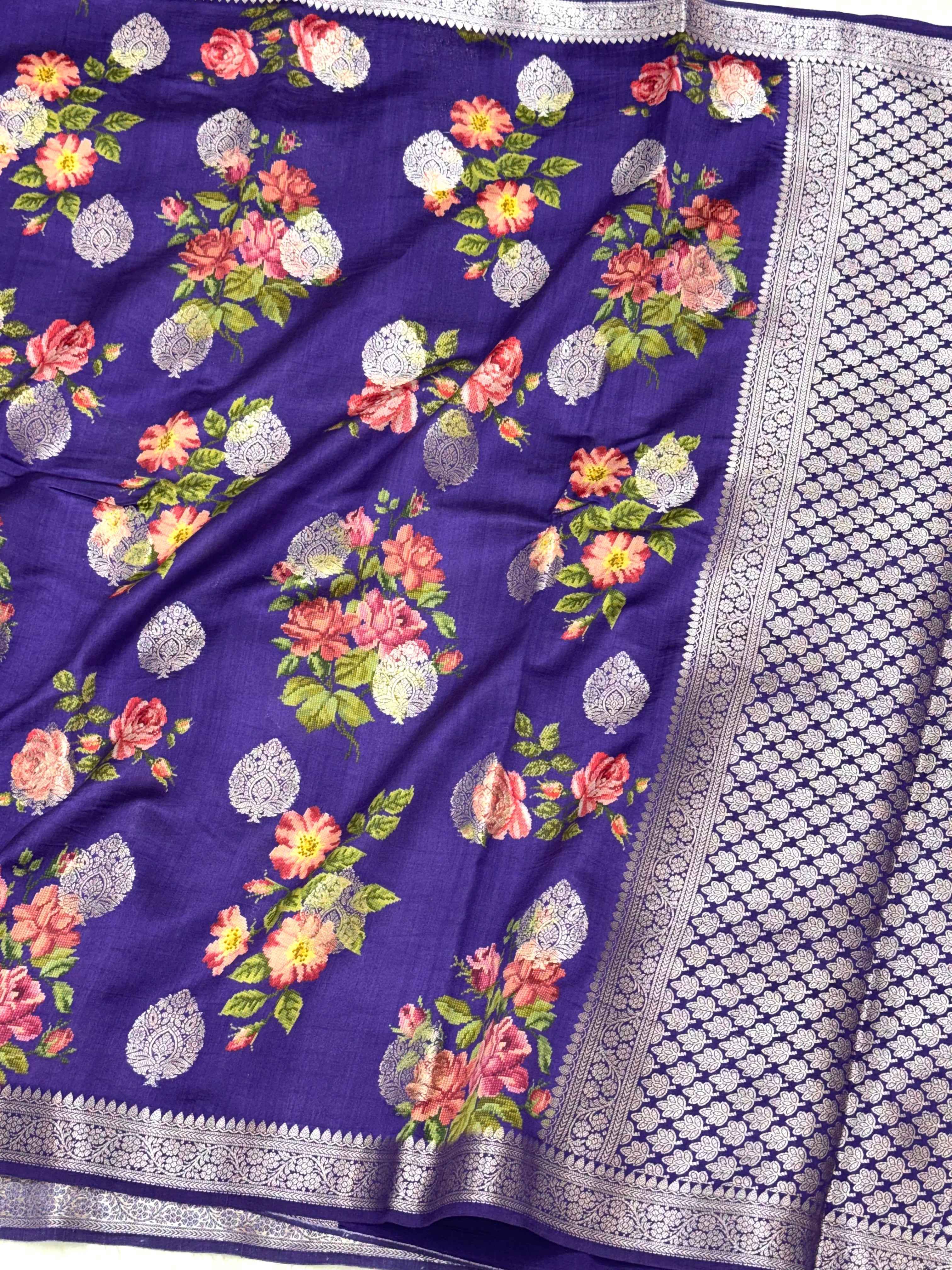 Sky Blue/Blue Pure Mulberry Muga And Satin Silk Banarasi Saree - Lightweight