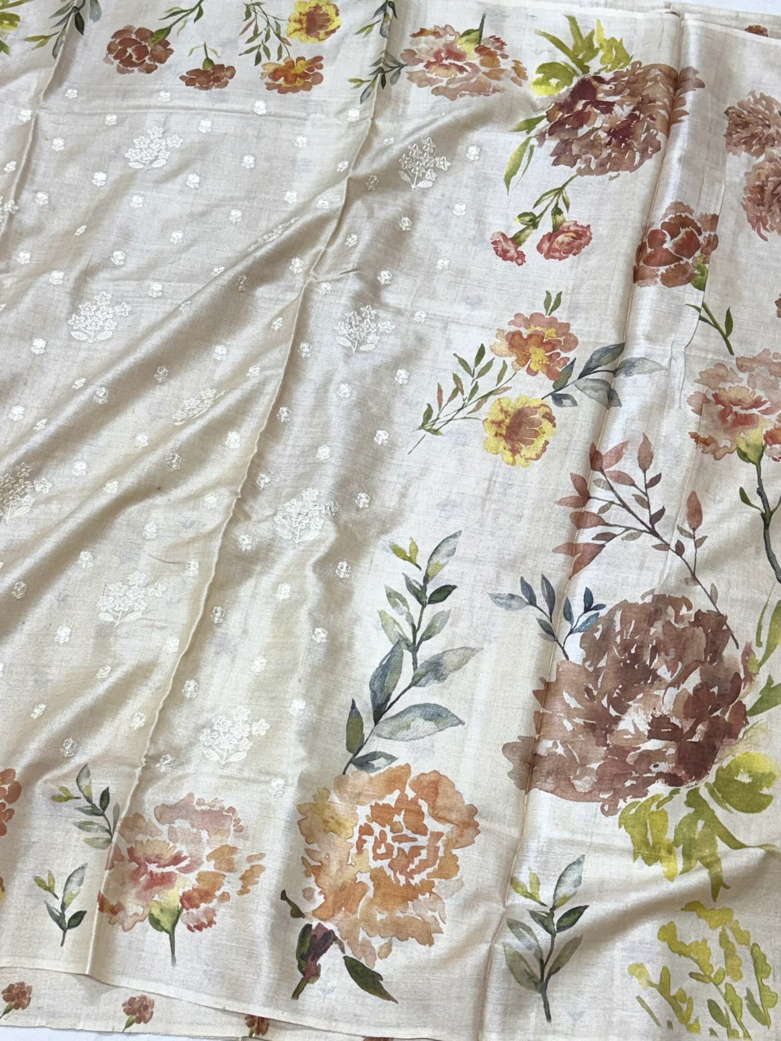 Ivory Pure Tussar Silk Handloom Printed with Embroidery Banarasi Saree - Elegance, Recrafted