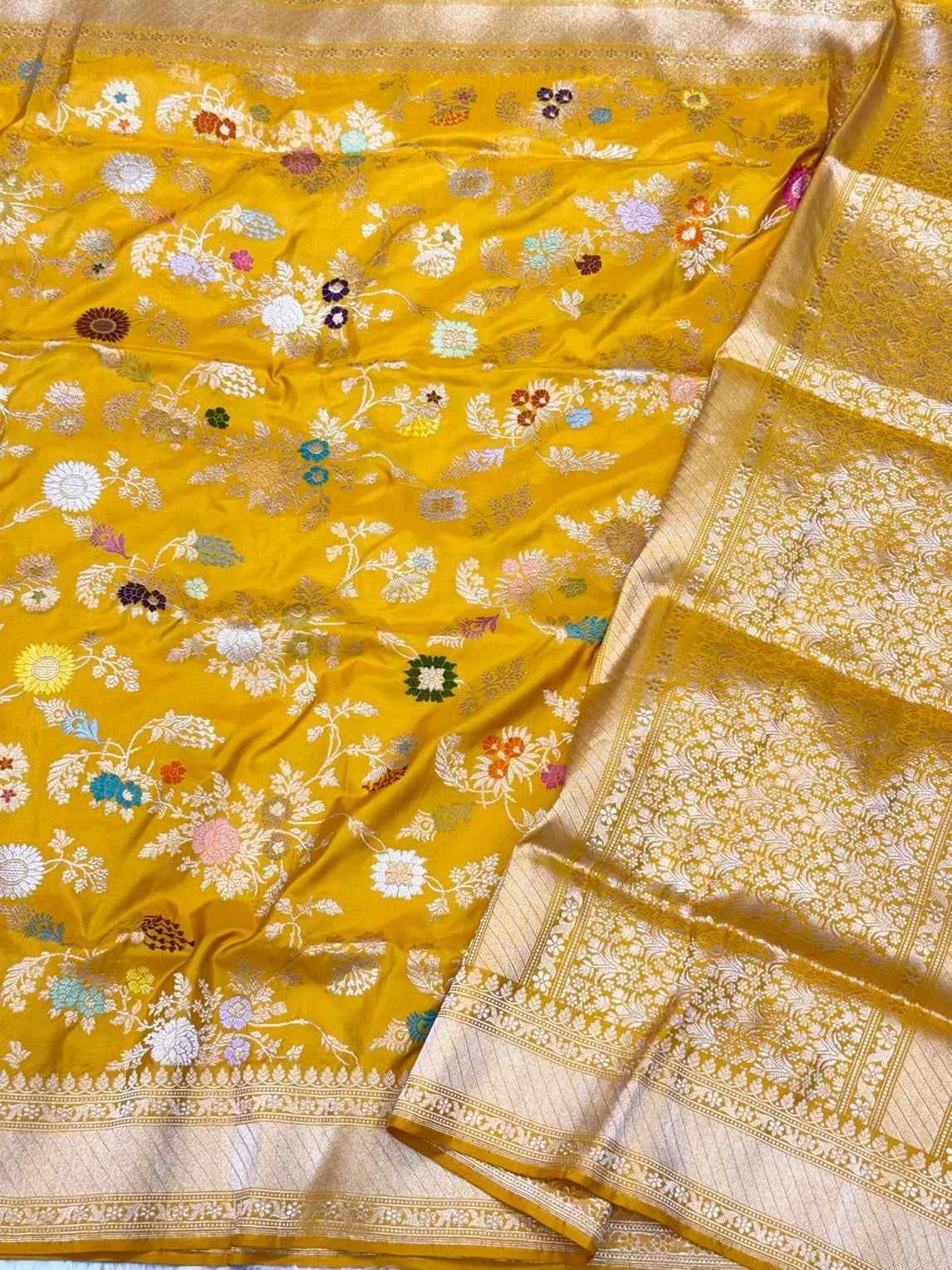 Mustard Yellow Pure Katan Silk Saree | Kadhwa Technique | Pure Mulberry Silk Banarasi Handwoven Saree