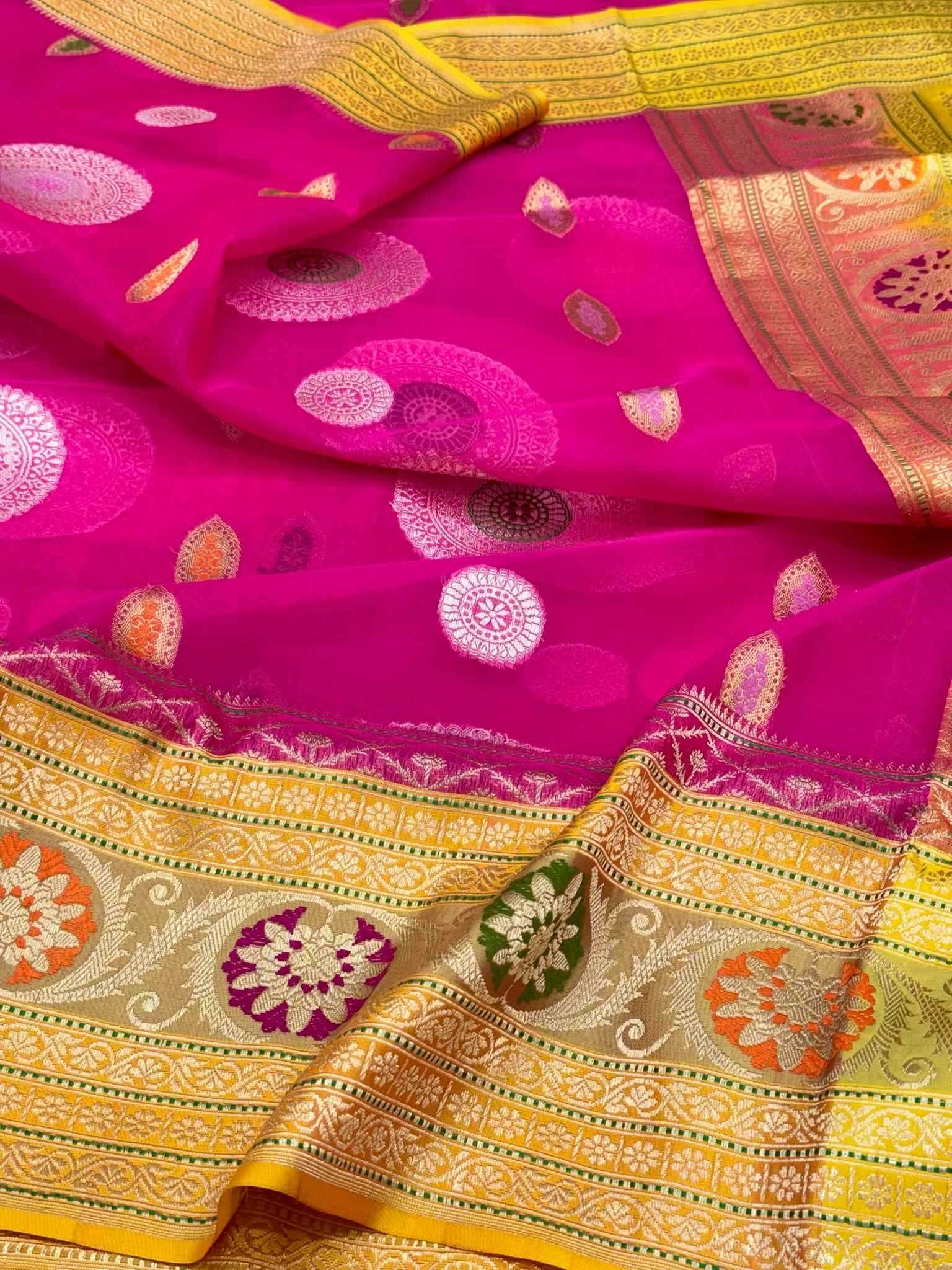 Rani Pink/Gold Pure Mulberry Silk & Pure Kora Silk Handwoven Banarasi Saree | Kadhwa Weave |