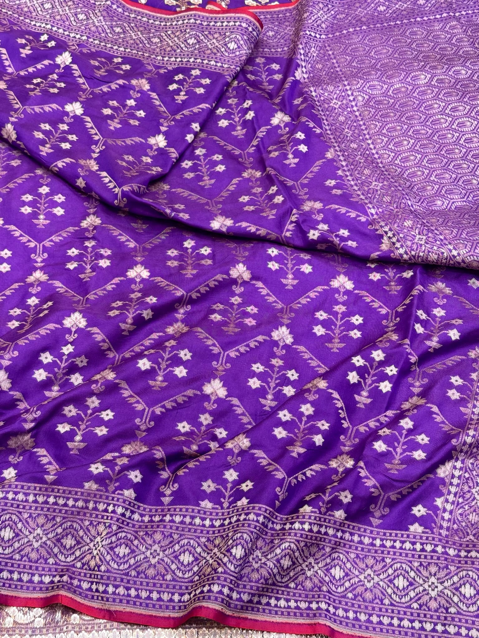 Purple Pure Mulberry Katan Silk Jamdani Handwoven Banarasi Saree- Ektara Weave