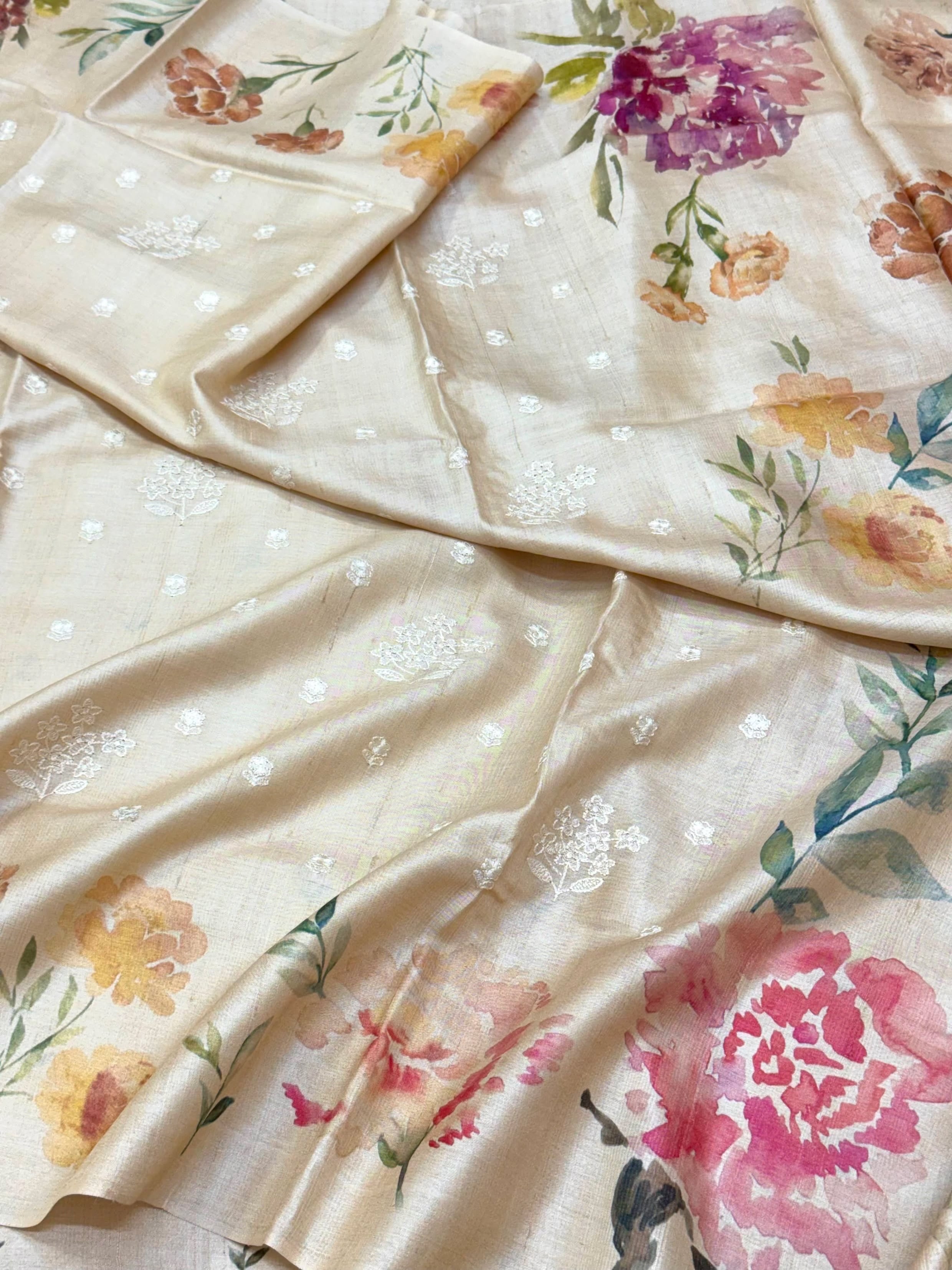 Ivory Pure Tussar Silk Handloom Printed with Embroidery Banarasi Saree - Soft Lightweight Banarasi Saree