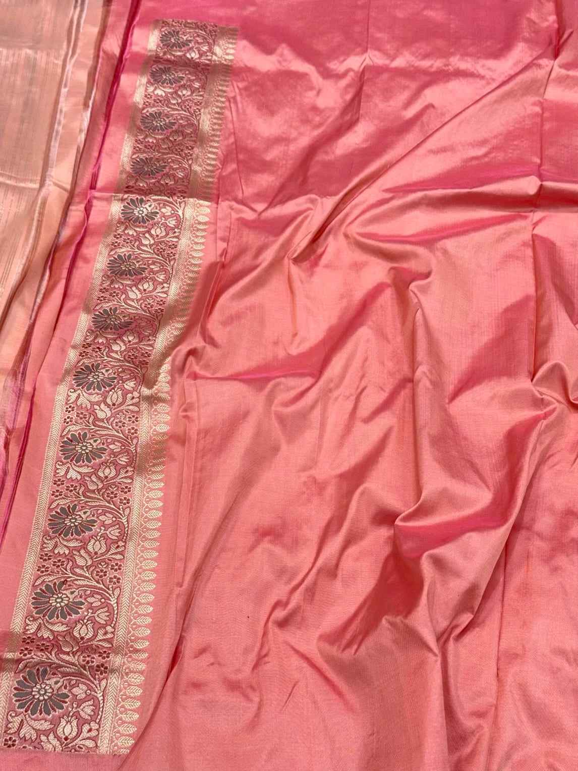 Peach Pure Katan Silk Saree | Kadhwa + Tanchoi Weave | Pure Mulberry Silk Handwoven Banarasi Silk Saree