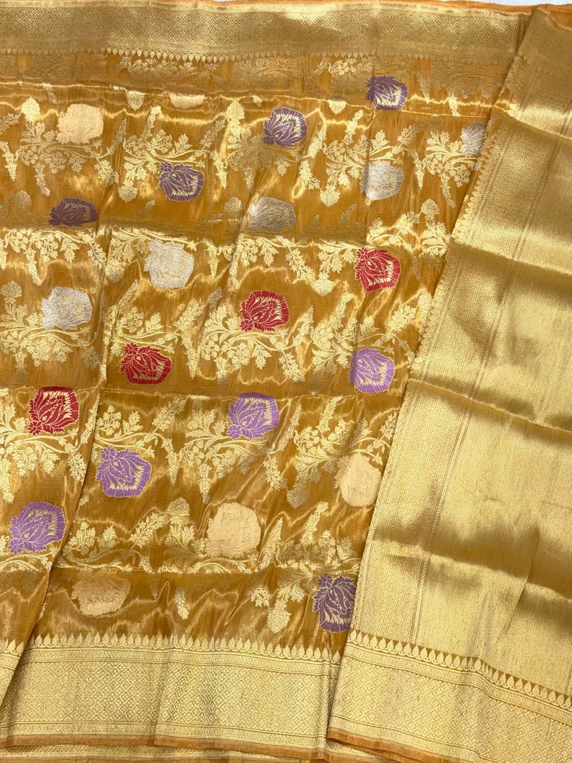 Gold Pure Katan Tissue Silk Saree | Kadhwa Technique | Handwoven Banarasi Silk Saree