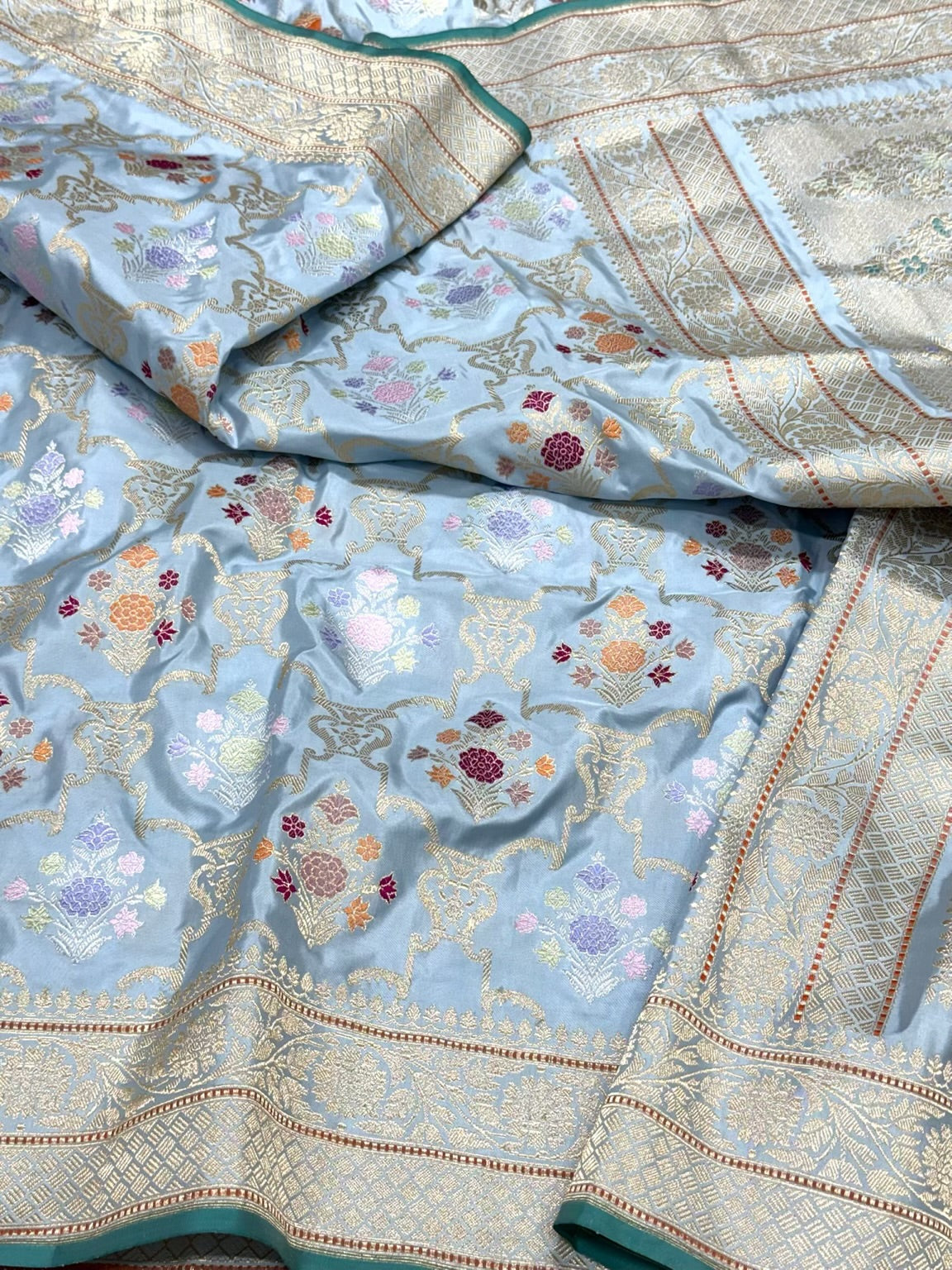 Ice Blue Pure Mulberry Silk & Pure Double Katan Silk Handwoven Premium Banarasi Saree with Kadhwa Weave