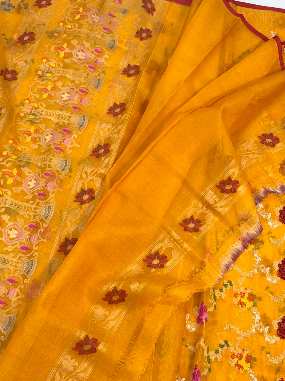 Orange Pure Mulberry Kora Organza Silk Jamdani Handwoven Banarasi Saree