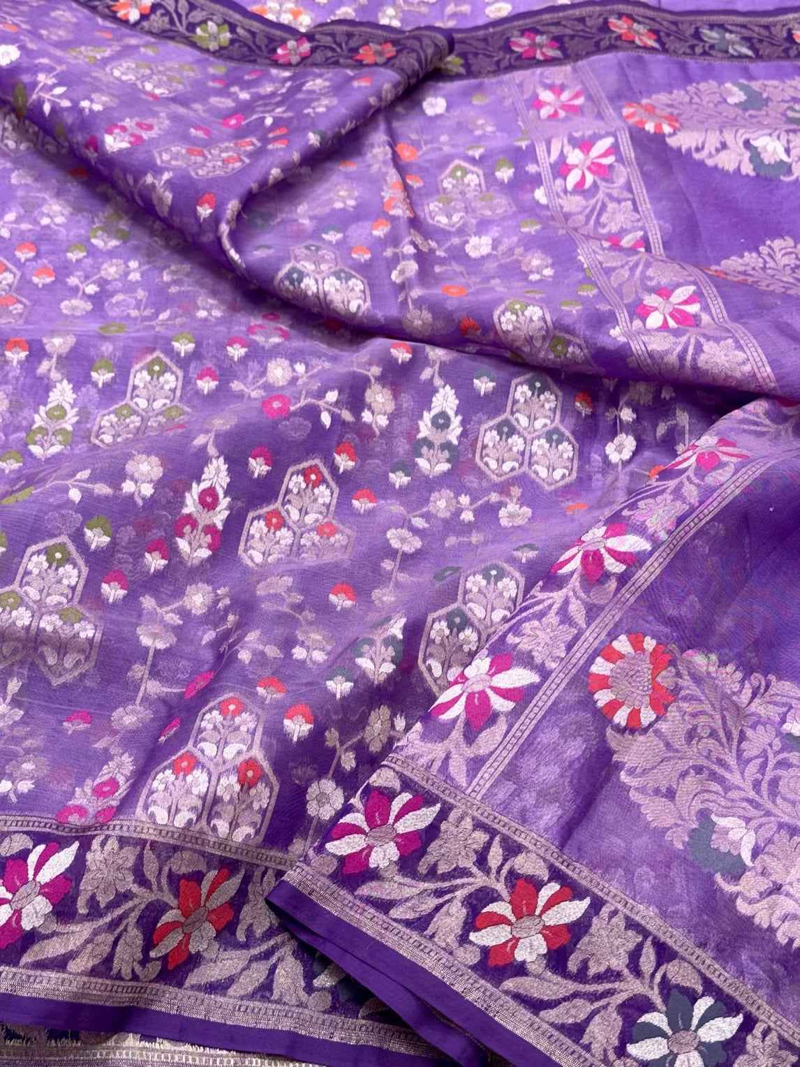 Lavender Pure Organza Mulberry Silk Saree - Ektara Weave | 100% Pure Kora Silk| Handwoven Banarasi Saree