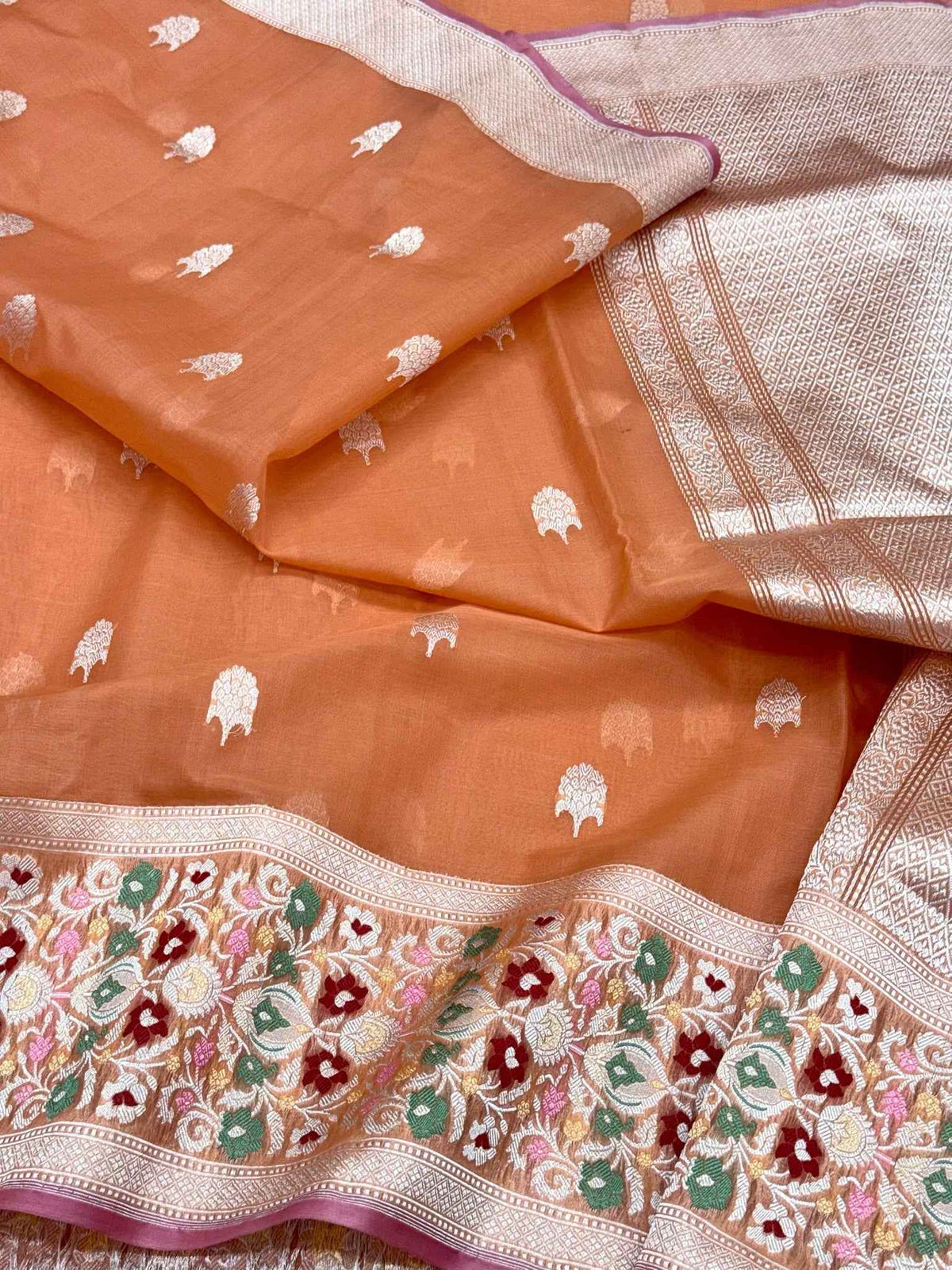 Rust Pure Mulberry Kora Silk Handwoven | Kadhwa Technique | Elegant Banarasi Saree