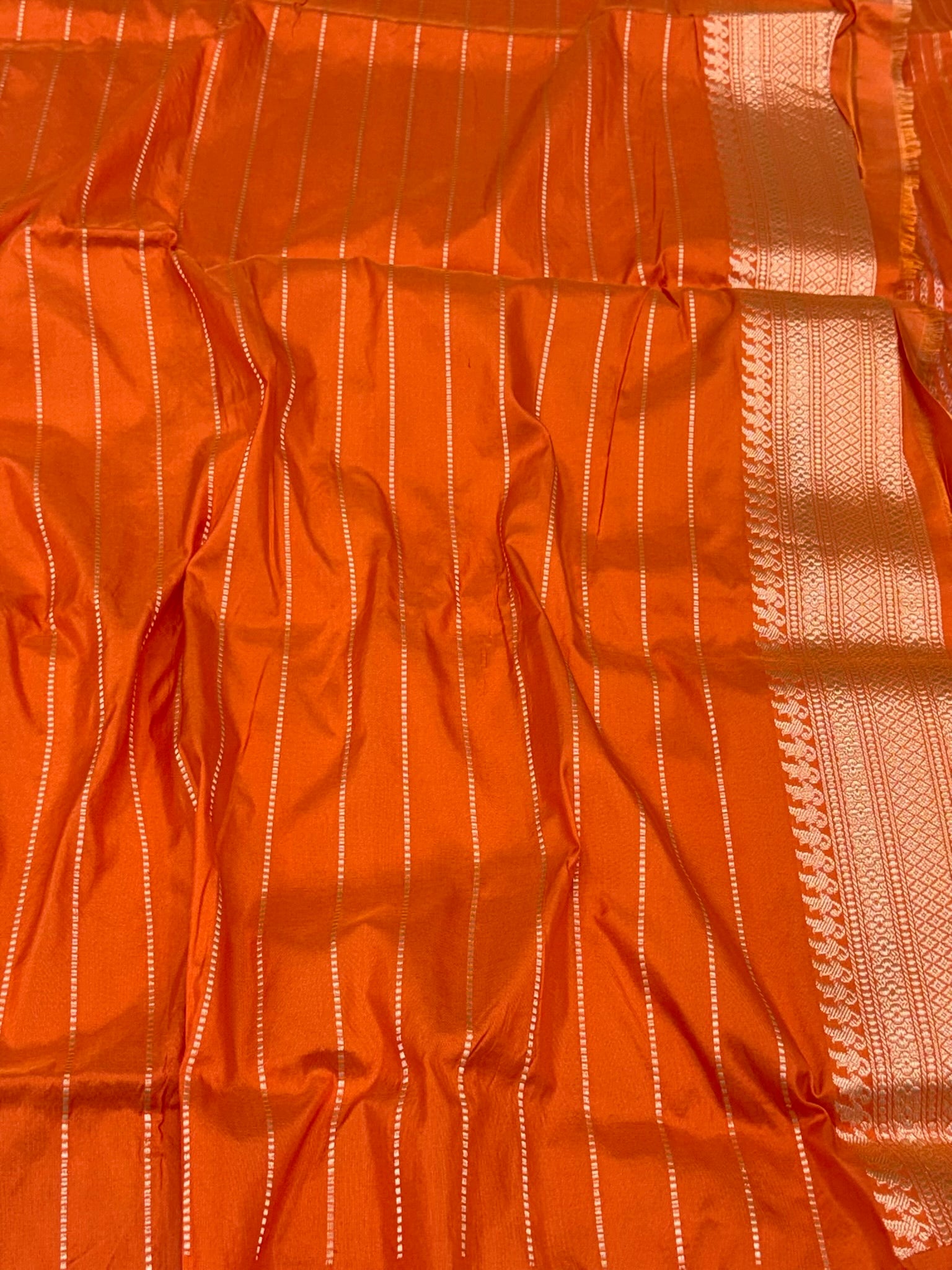 Orange Handwoven Pure Mulberry Katan Silk | Kadhwa Technique | Contemporary Banarasi Saree - Six Yards, Elevated