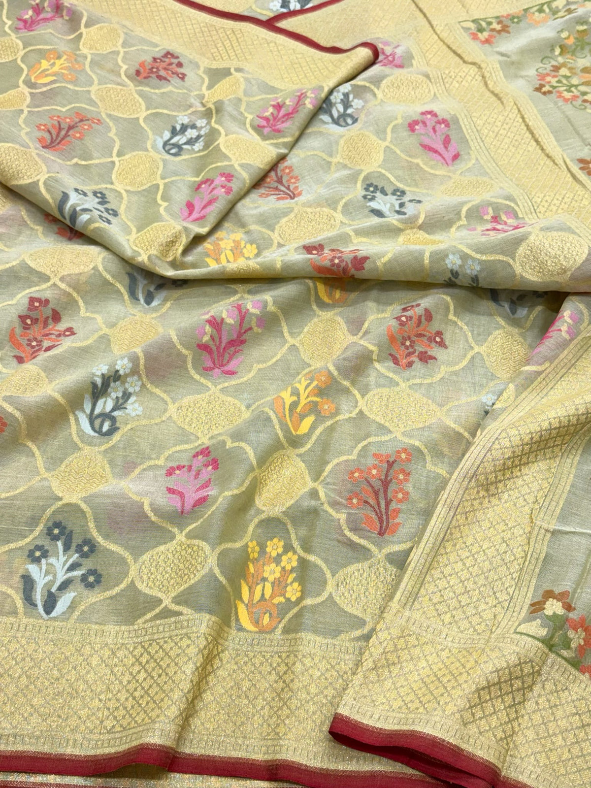 Pastel Pista Green Handloom Ektara Banarasi Saree | Pure Muslin Cotton Jamdani Banarasi Saree