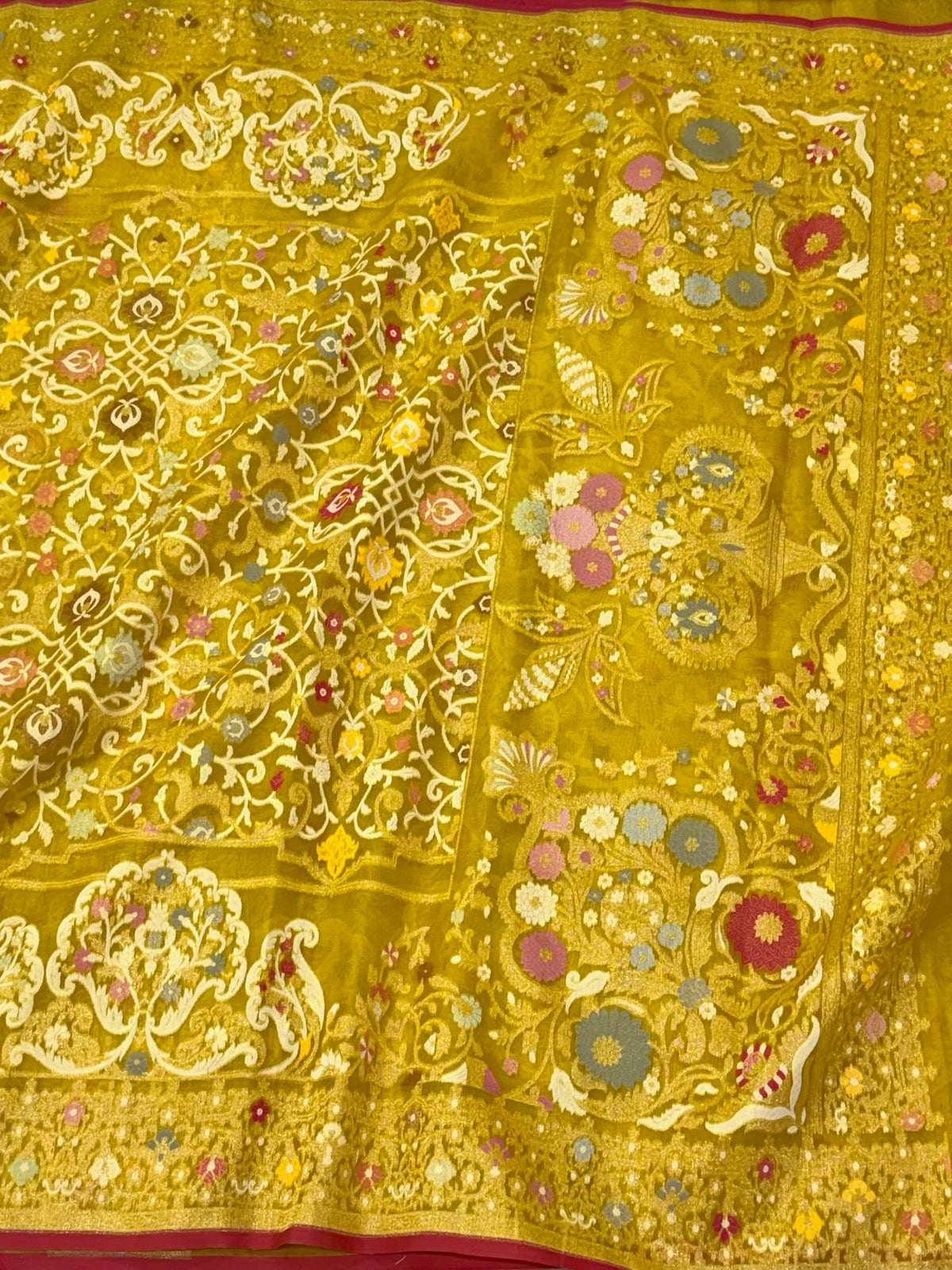 Lemon Gold Yellow Pure Kora Mulberry Silk Handloom | Ektara Jamdani Weave | Contemporary Banarasi Saree - The Regal Edit
