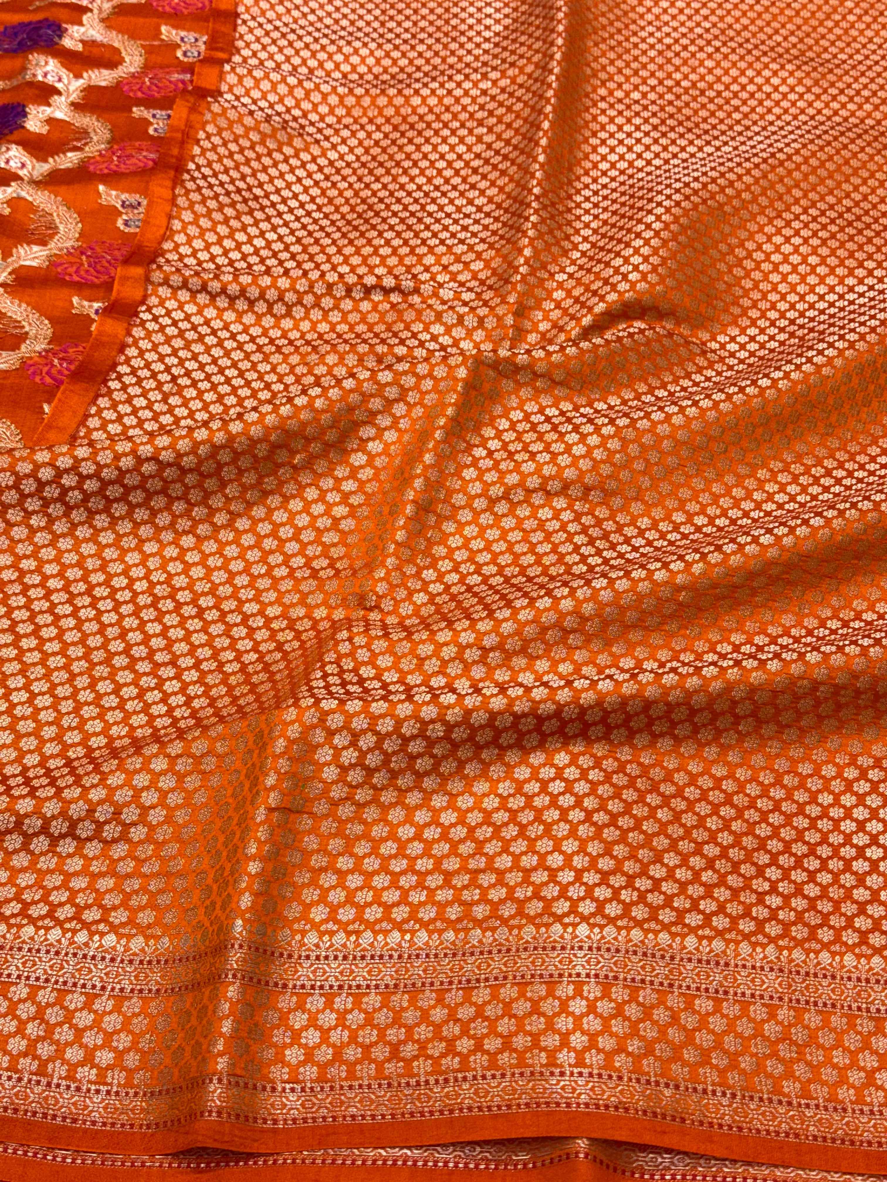 Orange Pure Mulberry Chiniya Silk Meenakari Banarasi Saree- Lightweight