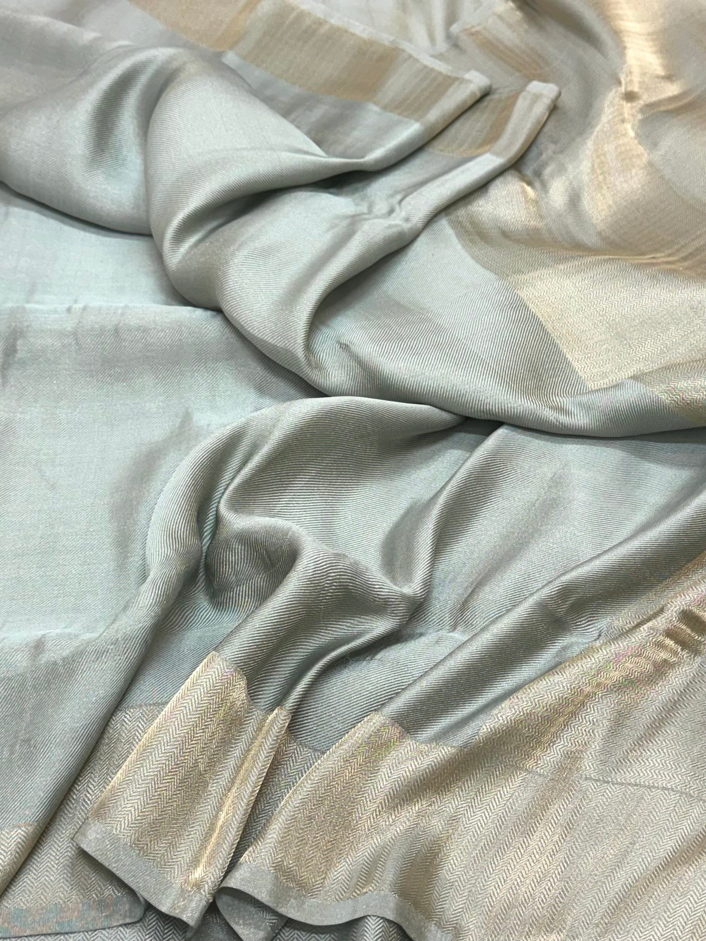 Dusty Teal Green Silk Handwoven Double Silk Tissue Contemporary Banarasi Saree