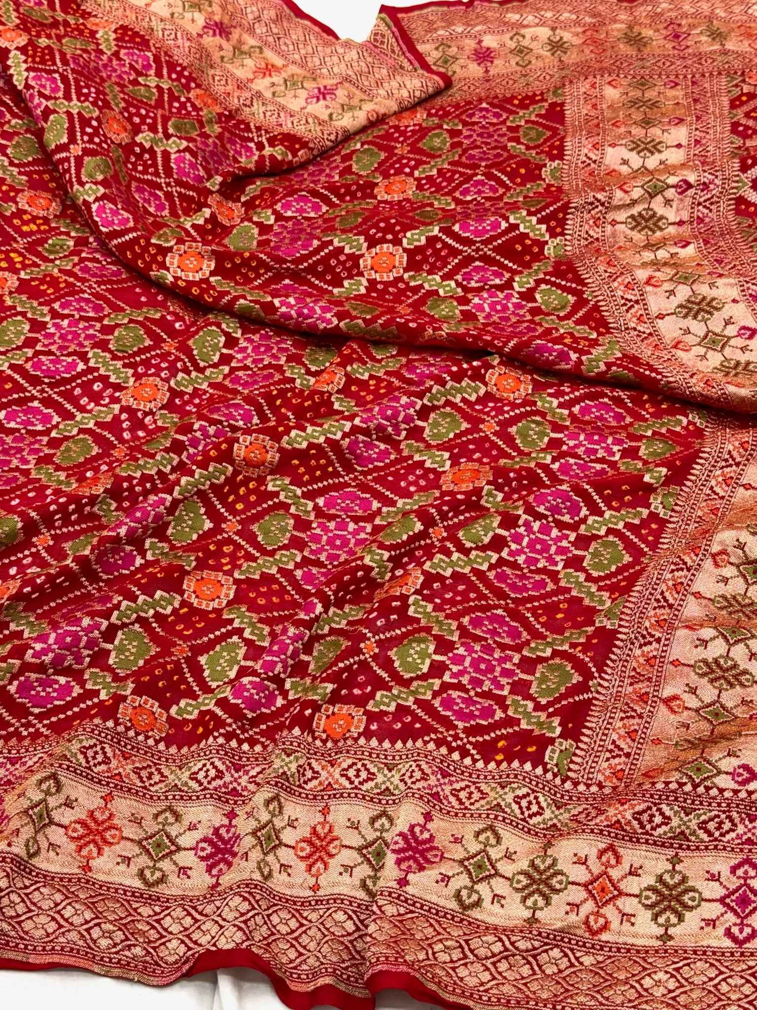 Red Pure Chiffon Georgette Handloom Banarasi Gharchola Bandhej Soft Drape Lightweight Saree