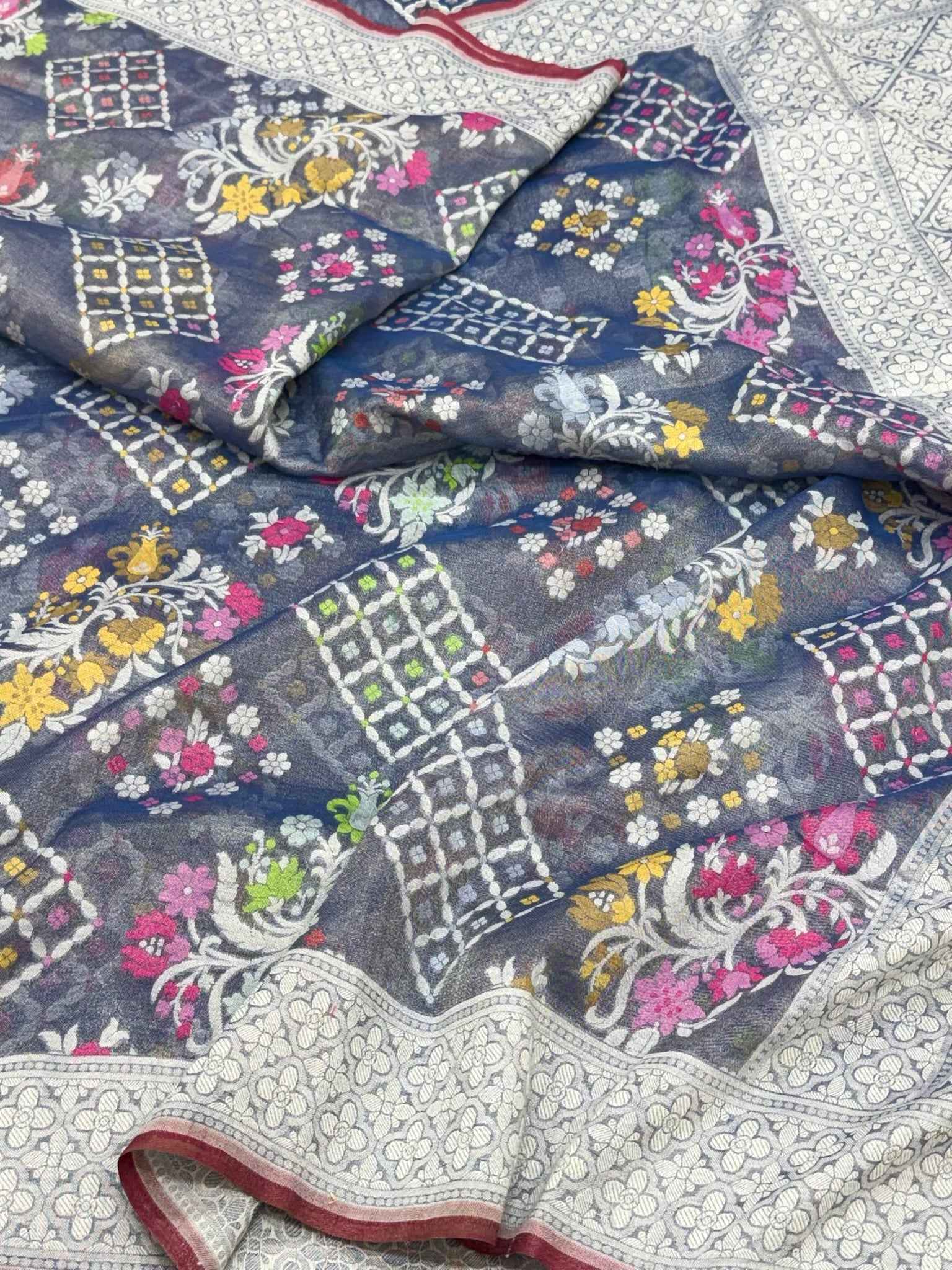 Blue Pure Muslin Cotton Tissue Ektara Jamdani Handloom Contemporary Banarasi Saree - Modern Banarasi Muse