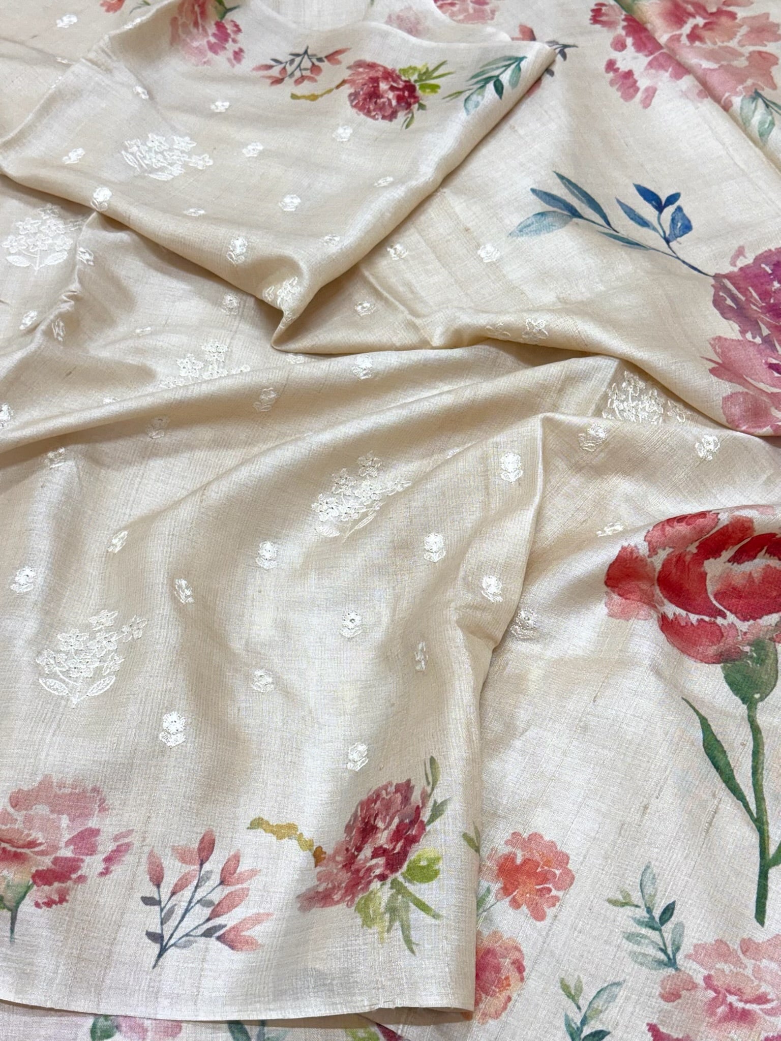 Ivory Pure Tussar Silk Handloom Printed with Embroidery Banarasi Saree - Heritage In A New Light