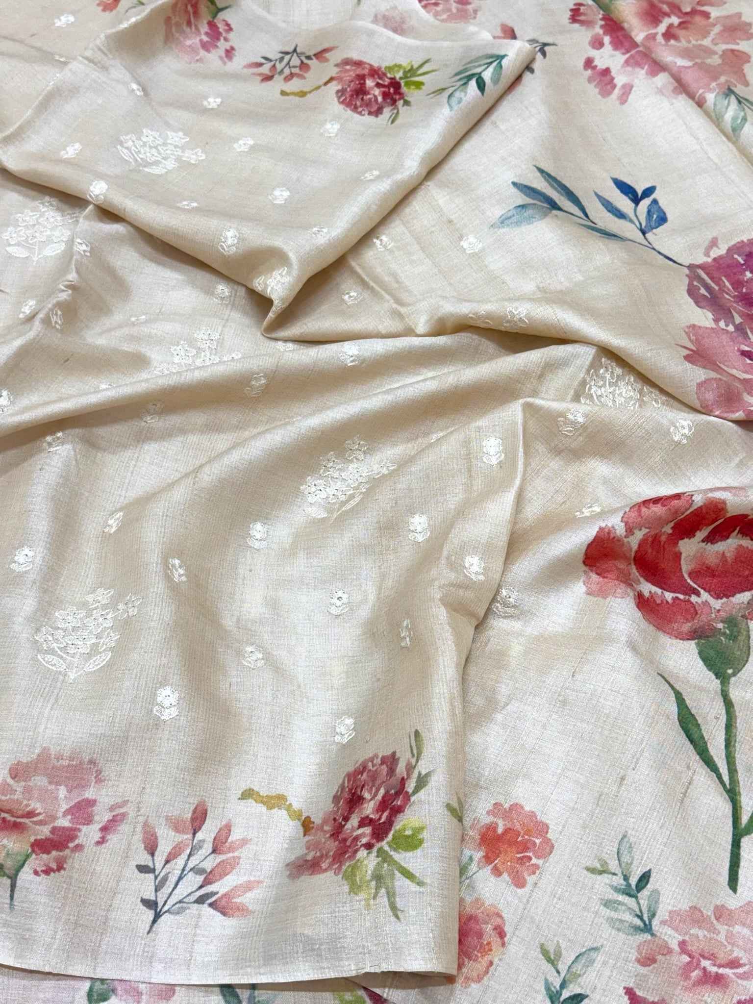 Ivory Pure Tussar Silk Handloom Printed with Embroidery Banarasi Saree - Heritage In A New Light