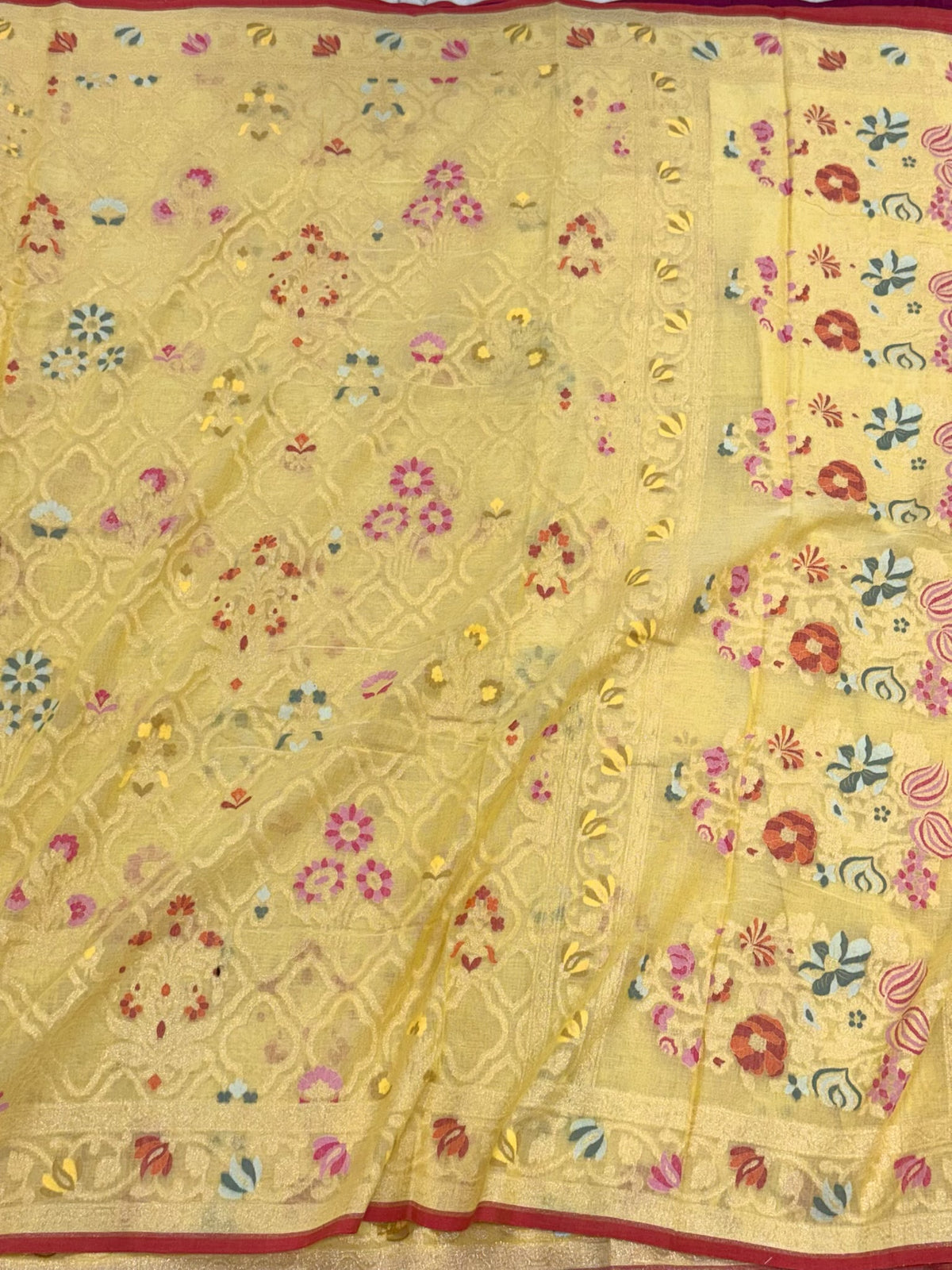 Pastel Yellow Pure Muslin Coton Jamdani Handloom Banarasi Saree - Lightweight Banarasi Ektara Weave Saree