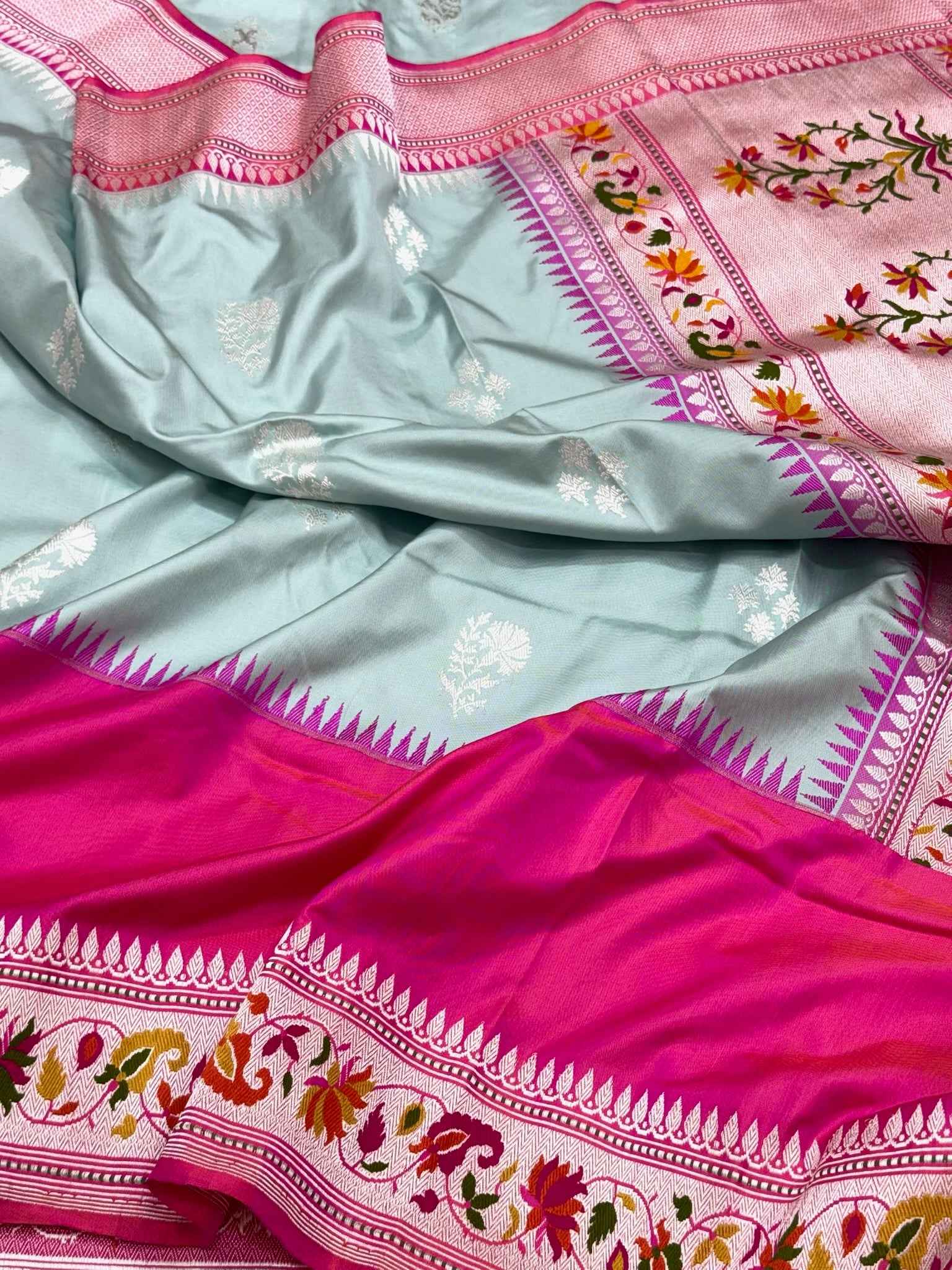 Powder Blue Exclusive Modern Banarasi Saree - Pure Mulberry Katan Silk | Kadhwa Ektara Weave Handwoven Saree
