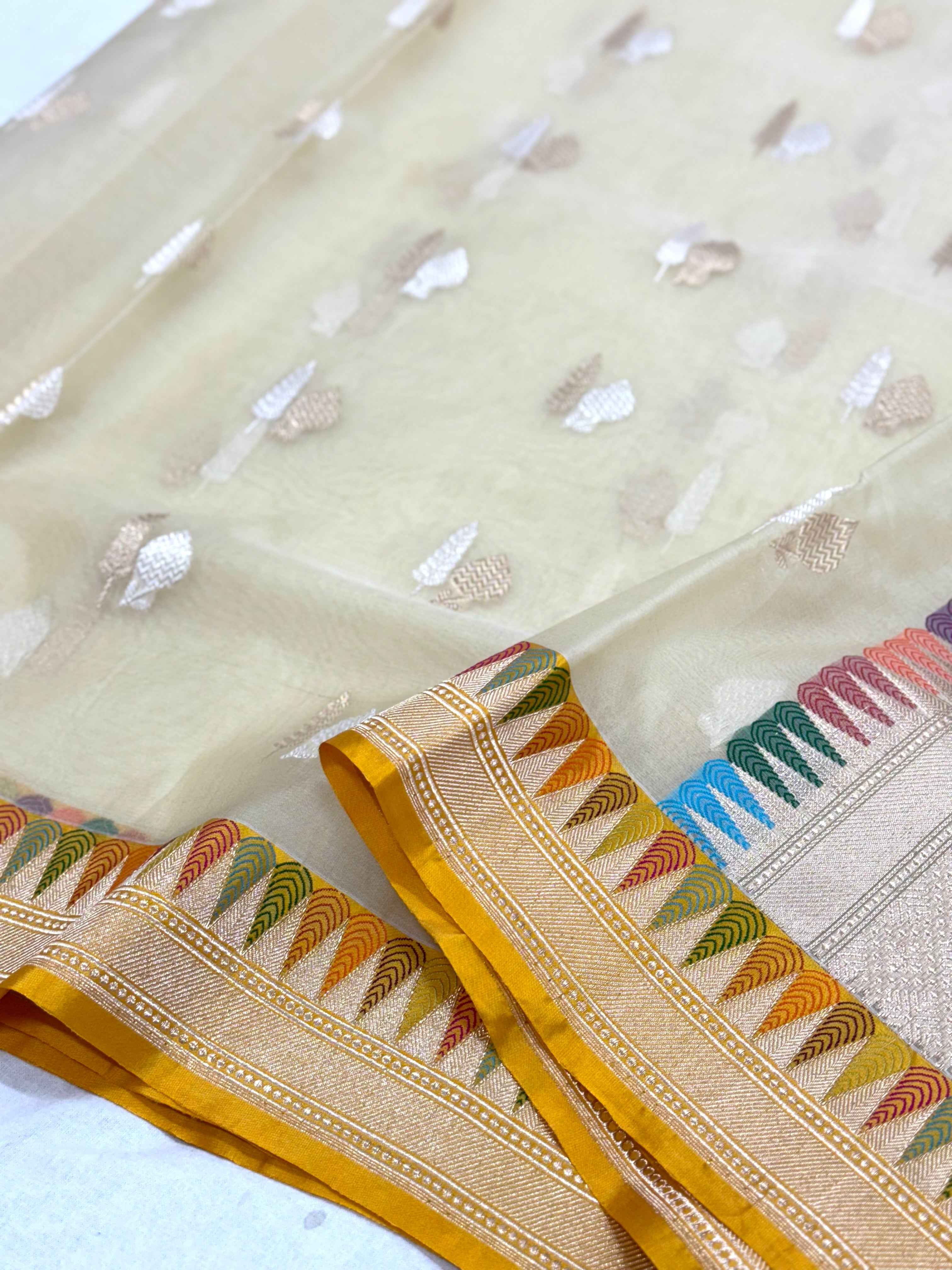 Ivory Handwoven Pure Kora Organza Silk Saree