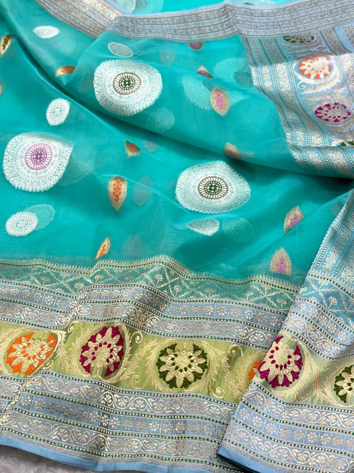 Aqua Green Pure Mulberry Kora Silk Handwoven Banarasi Saree