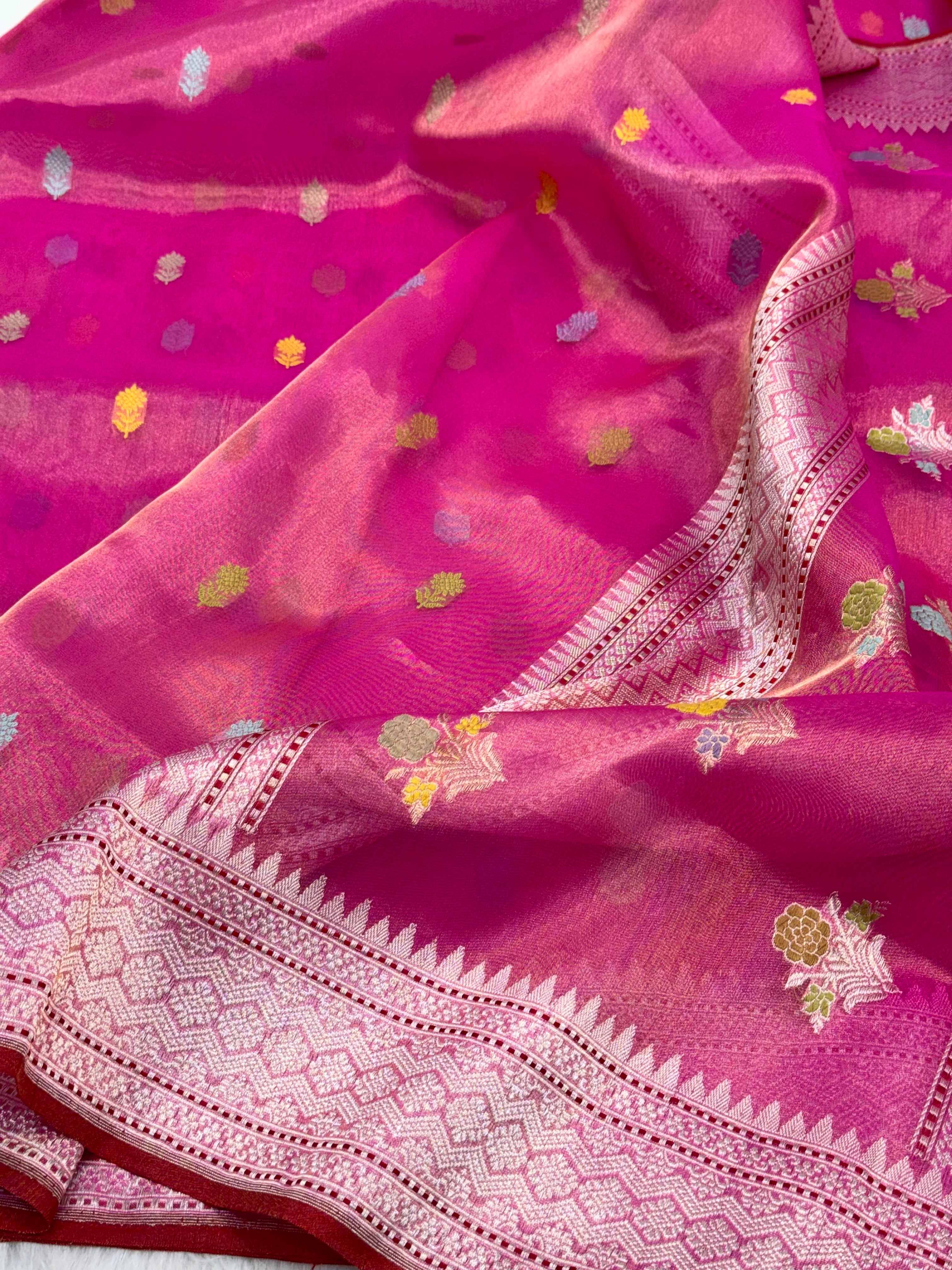 Pink Pure Mulberry Tissue Silk Handwoven Banarasi Saree |Ektara Weave|