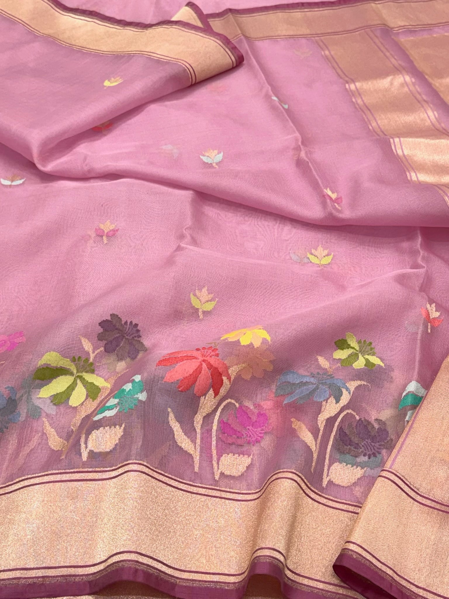 Powder Pink Pure Kora Mulberry Silk Handwoven Banarasi Saree | Kadhwa Weave Lightweight Saree