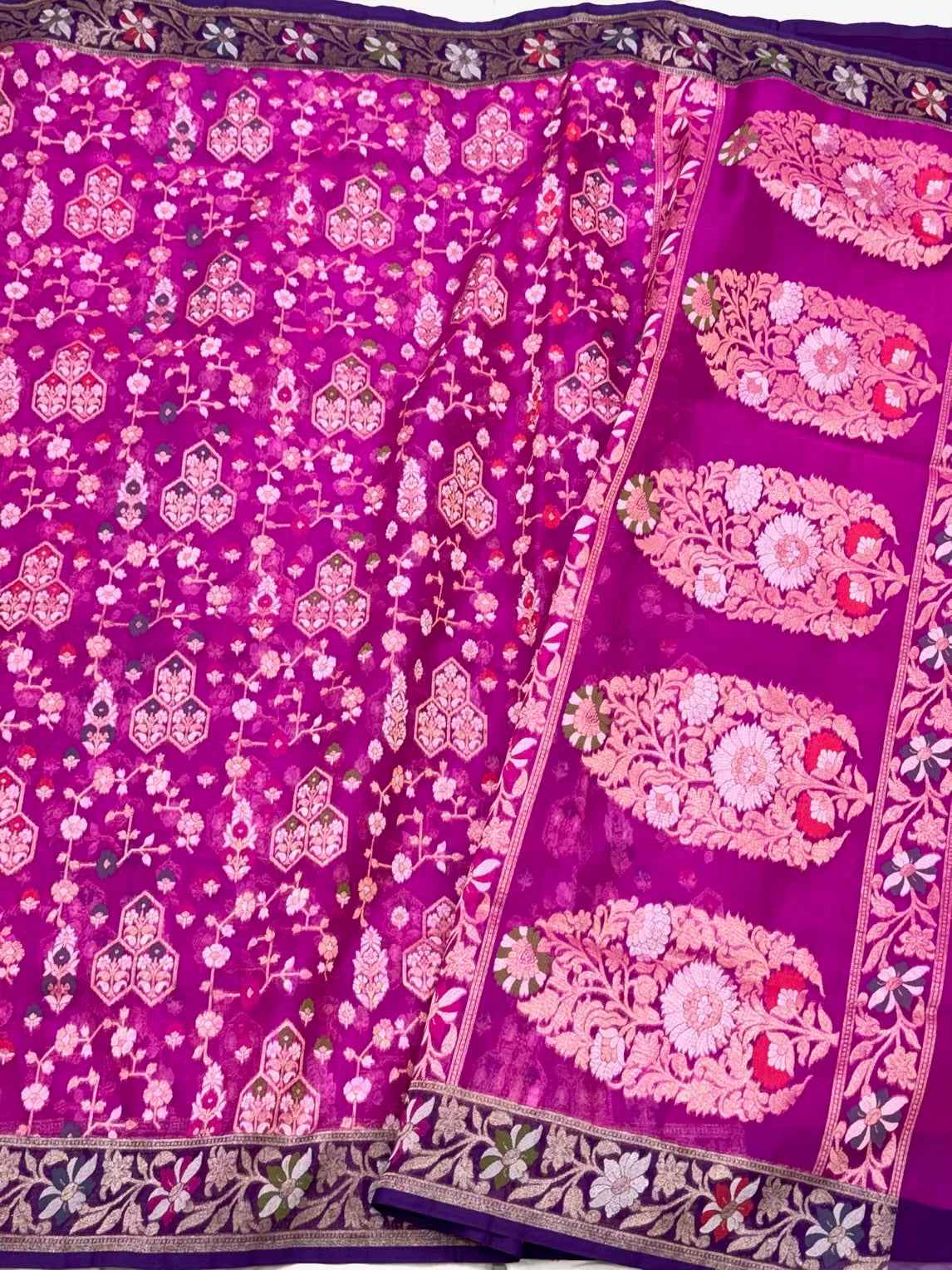 Hot Pink Organza Banarasi Silk Saree | 100% Pure Kora Mulberry Silk| Handwoven Ektara Saree