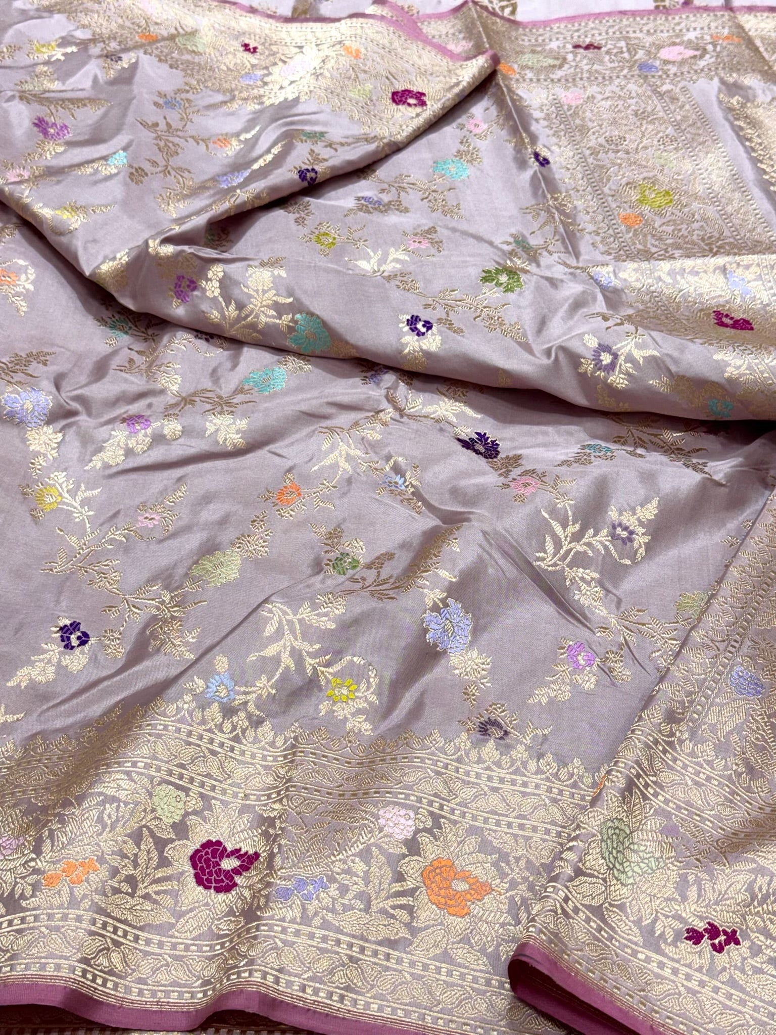 Dusty Lilac Pure Mulberry Double Katan Silk | Kadhwa Weave | Handwoven Timeless Authentic Banarasi Saree