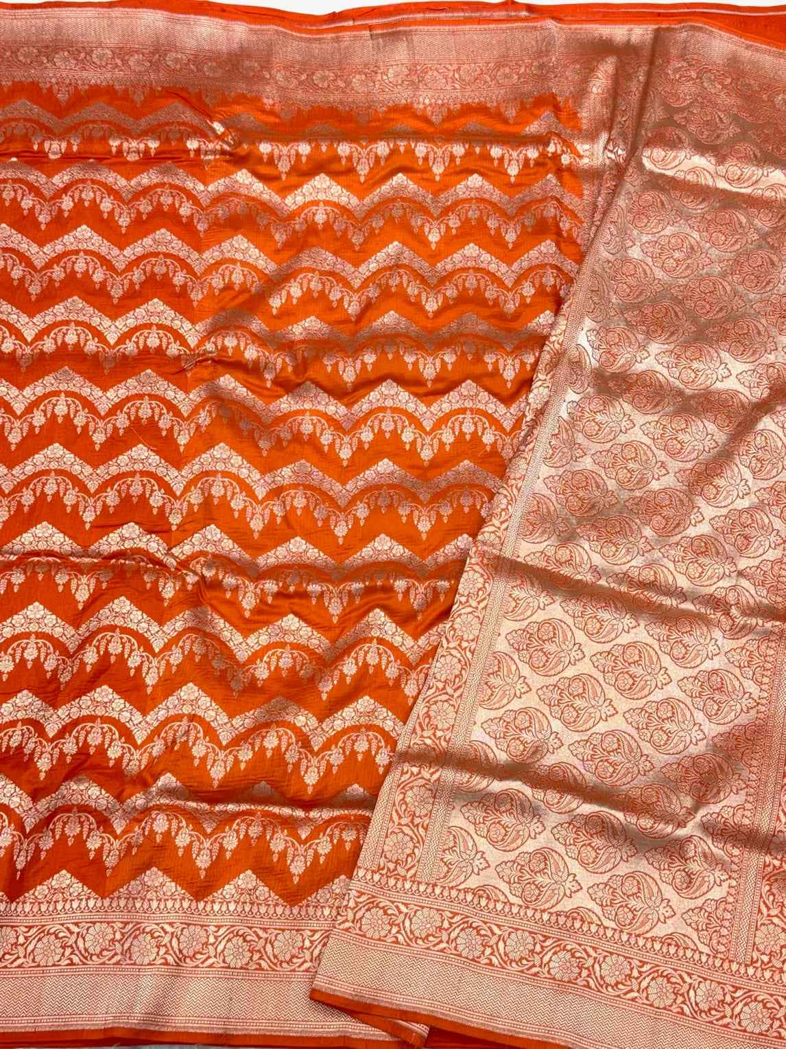 Orange Pure Katan Mulberry Silk Handloom Banarasi Saree | Modern Design |