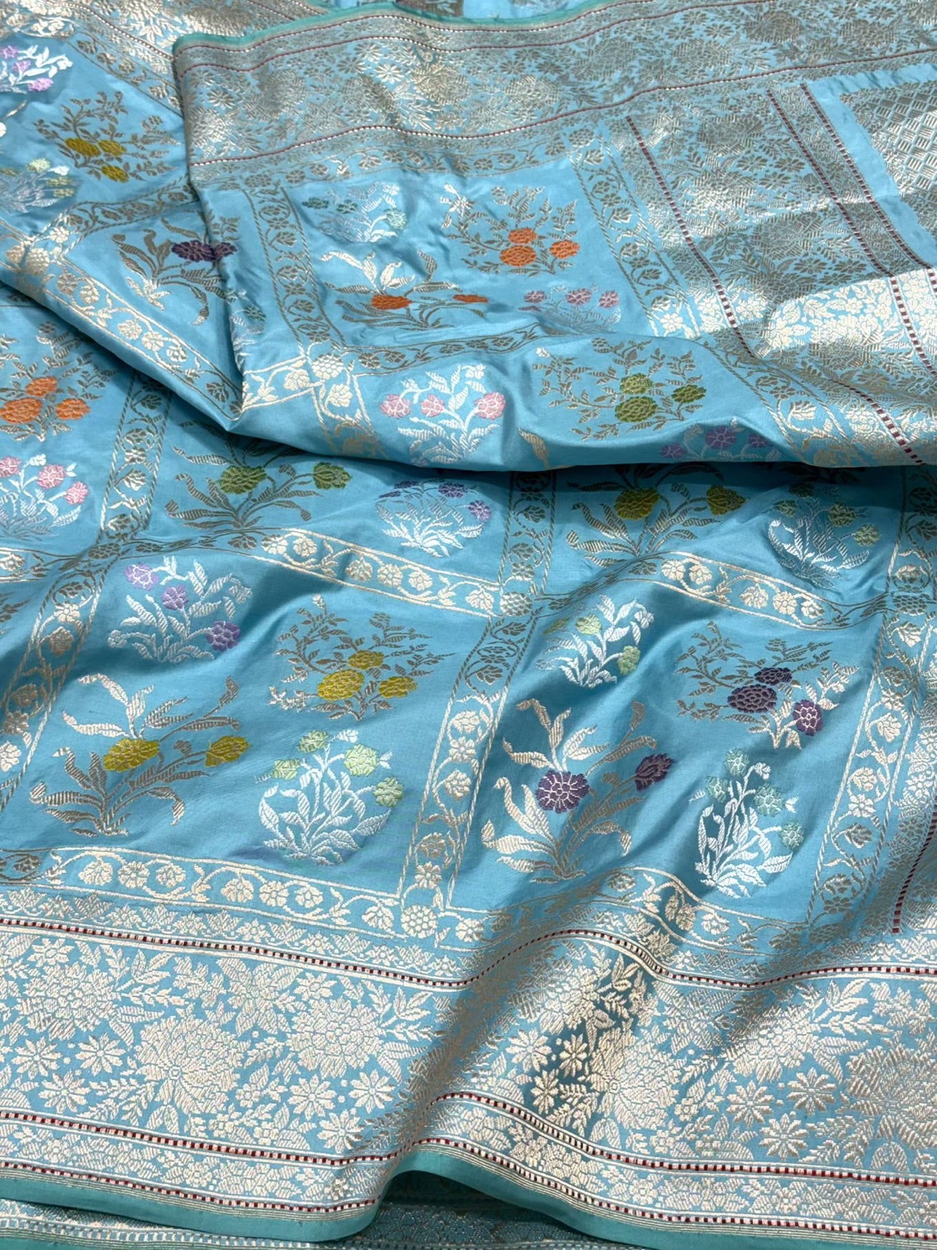 Baby Blue Pure Mulberry Double Katan Silk | Kadhwa Technique | Handwoven Luxury Banarasi Saree