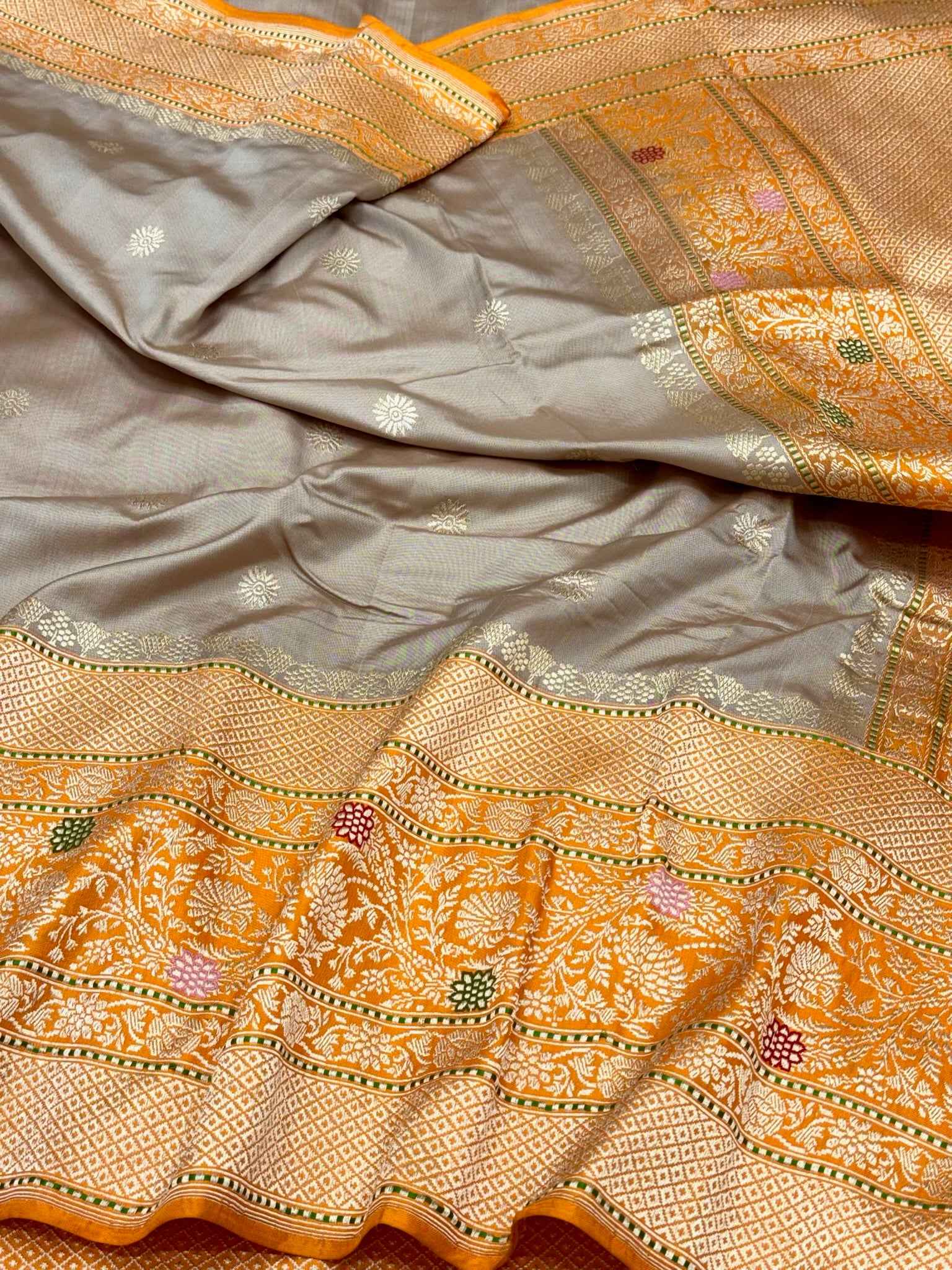 Gray/Mustard Yellow Handwoven Ektara Banarasi Saree - Pure Mulberry Katan Silk | Six Yards Luxury