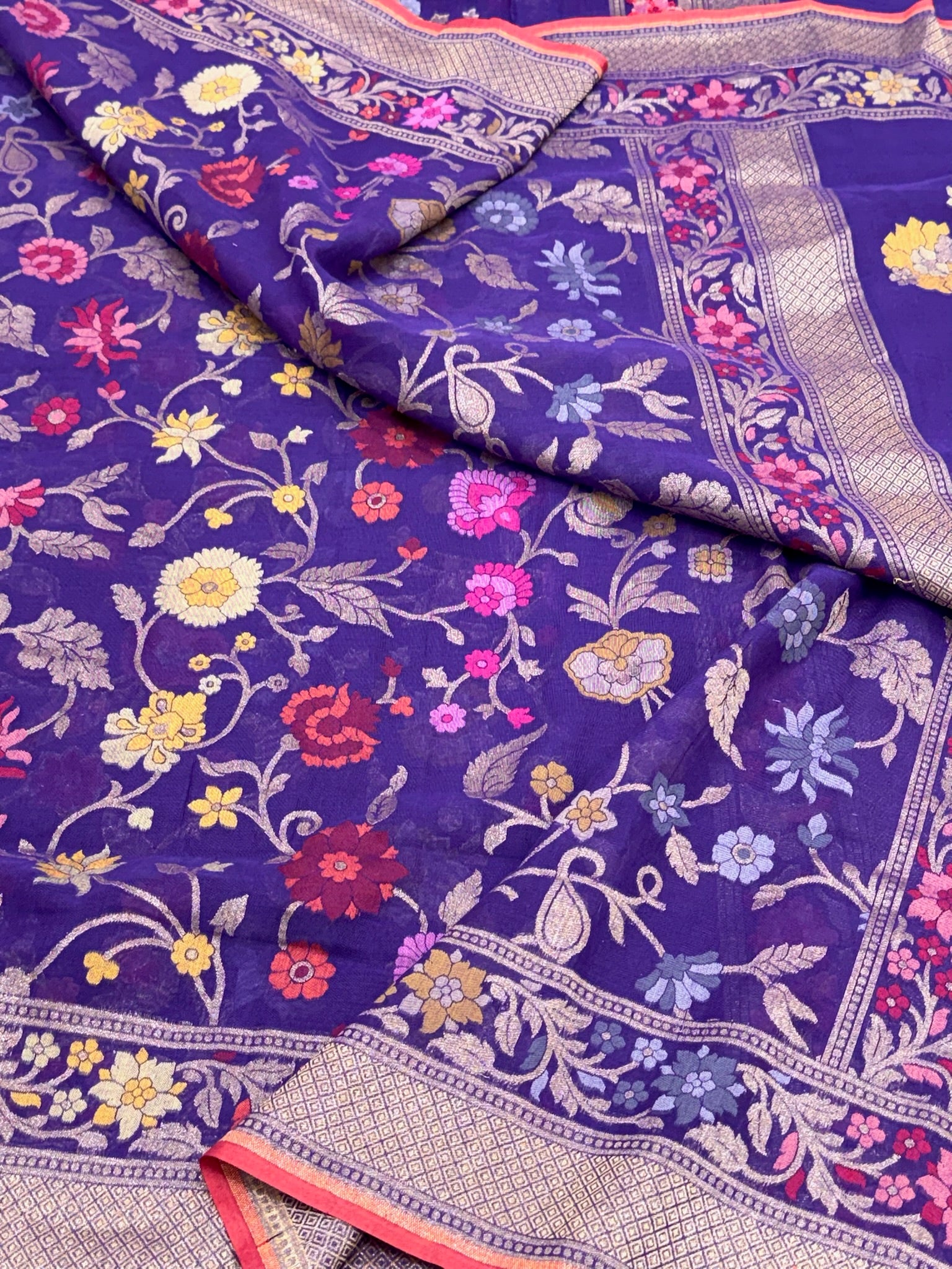Purple Pure Muslin Cotton Jamdani Ektara Weave Handloom Banarasi Saree