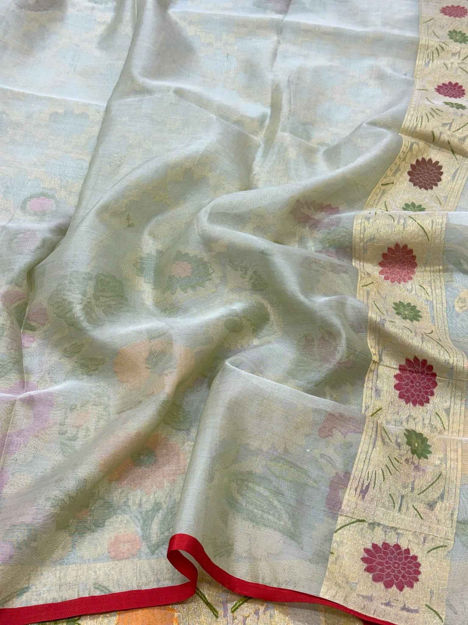 Pastel Green Pure Mulberry Kora Silk | Ektara Technique | Jamdani Handloom Contemporary Banarasi Modern Saree