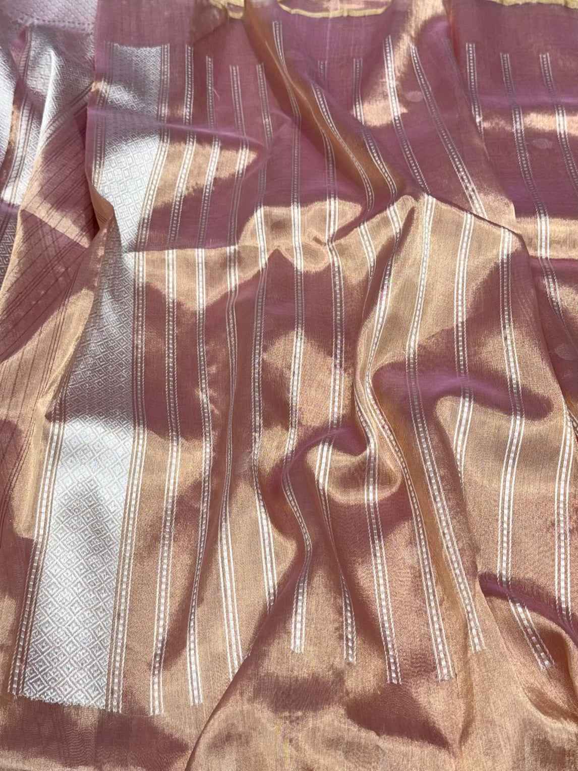 Dusty Rose Gold Pure Tissue Silk Saree - Kadhwa Tecnique | Pure Kora Silk Handwoven Banarsi Saree