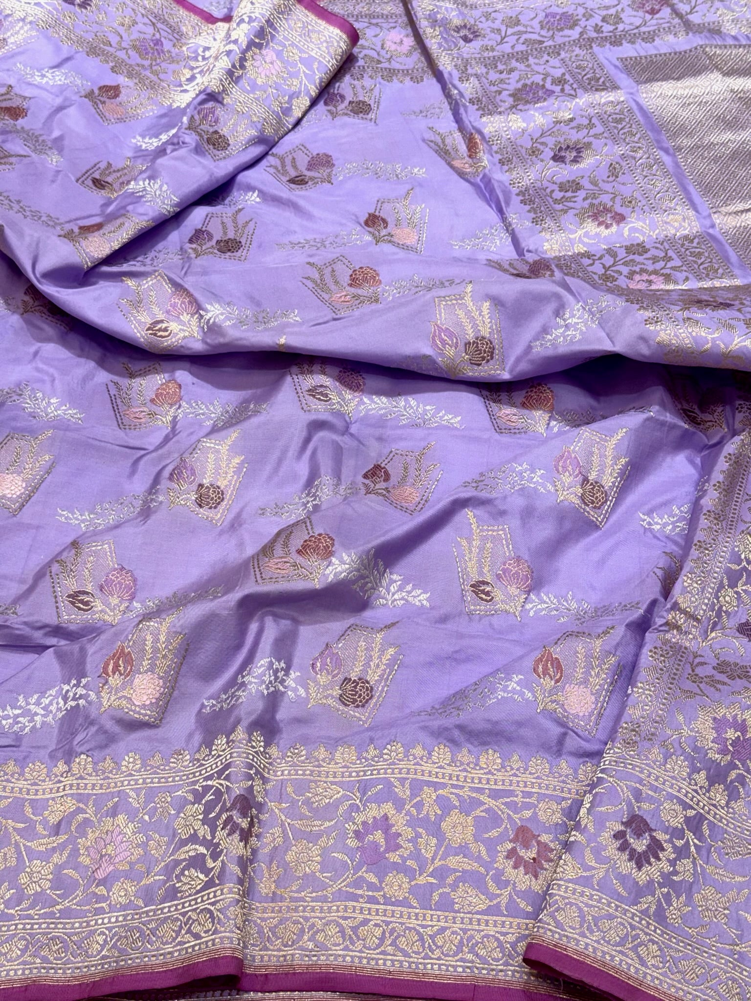 Lavender Pure Mulberry Double Katan Silk | Kadhwa Weave | Handwoven Banarasi Saree