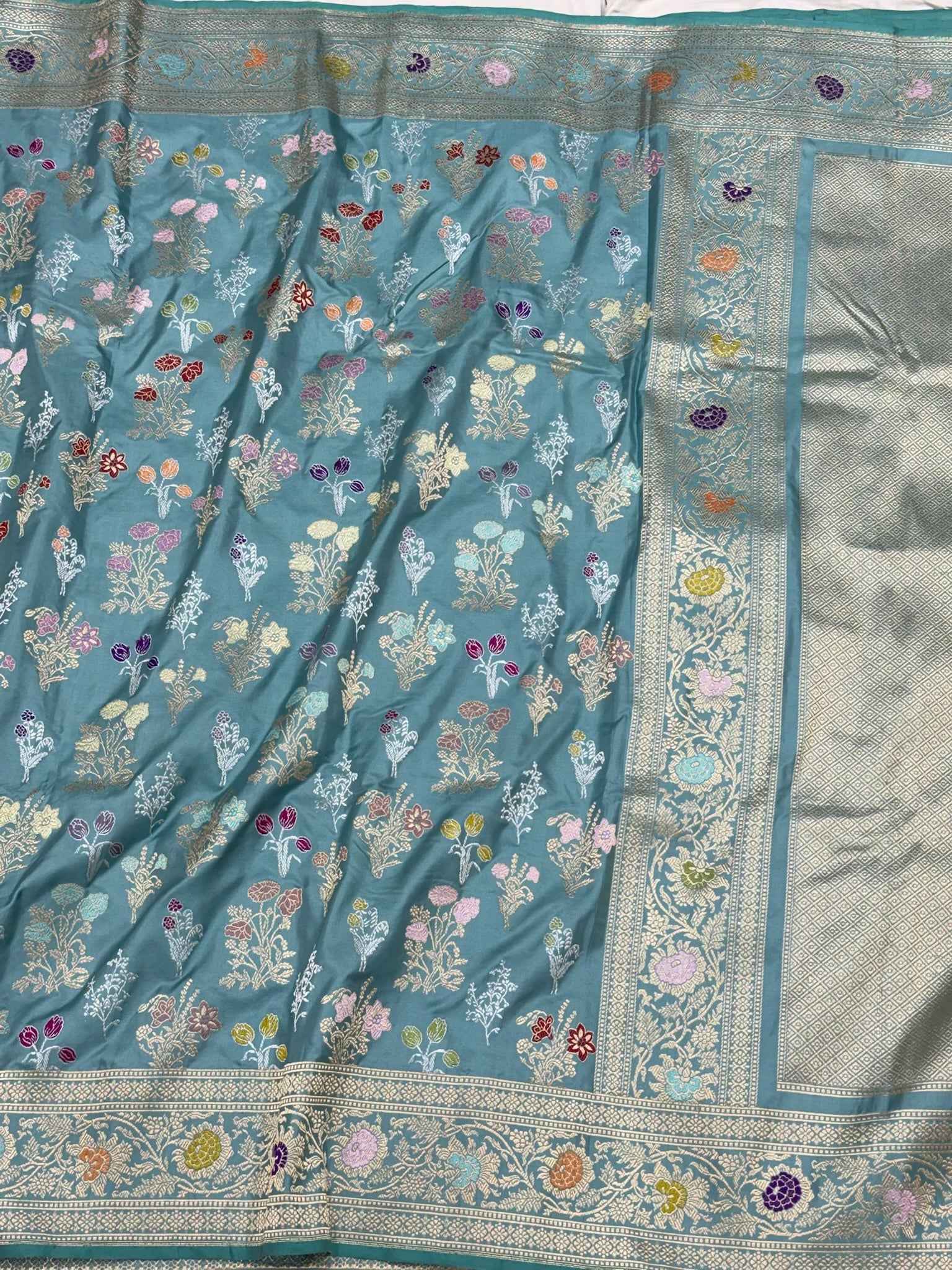 Dusty Teal Green Handwoven Luxury Banarasi Saree - Pure Double Katan Mulberry Silk | Kadhwa Technique | Banarasi Saree