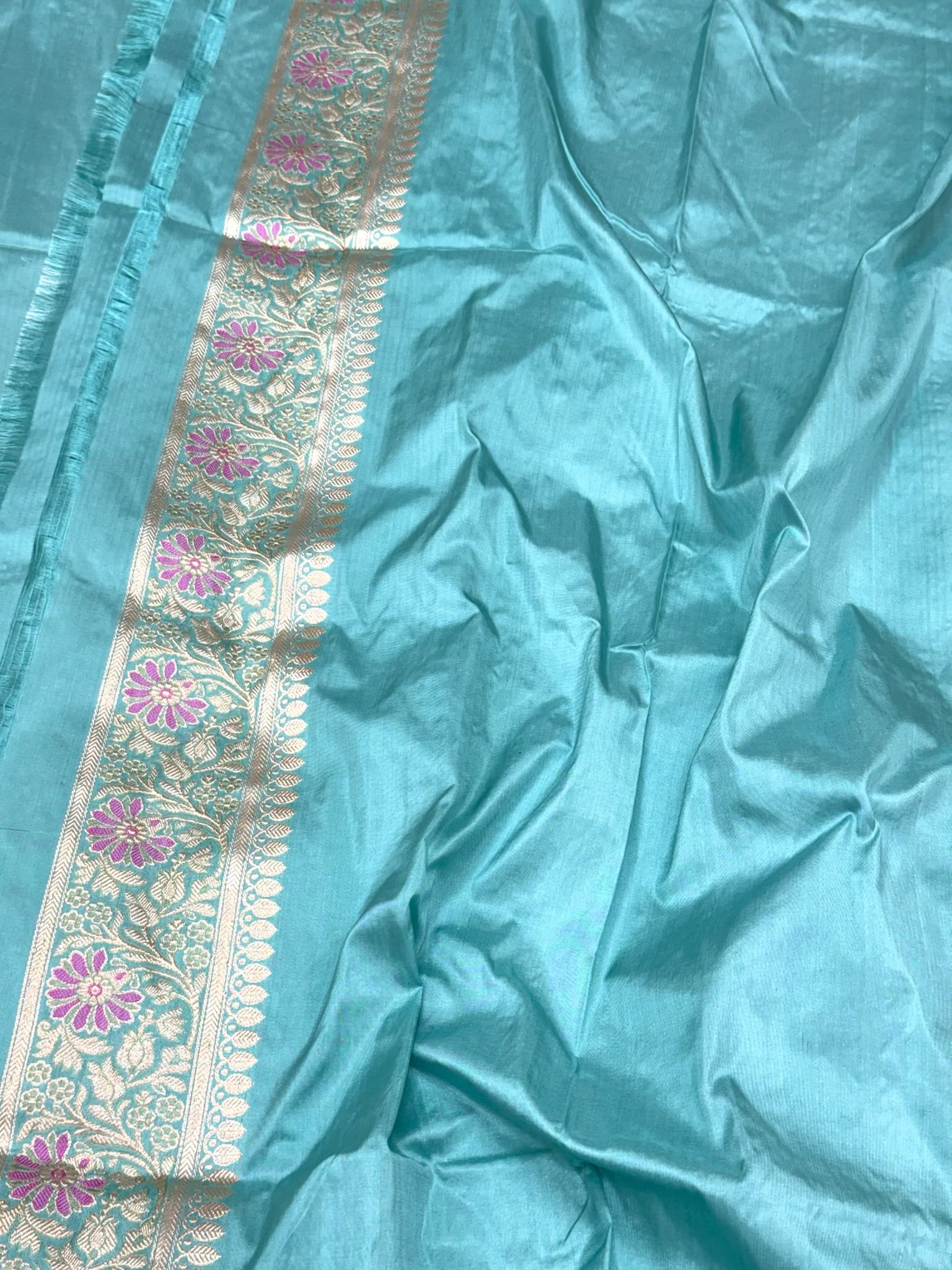 Aqua Blue Pure Mulberry Katan Silk Handwoven Banarasi Saree