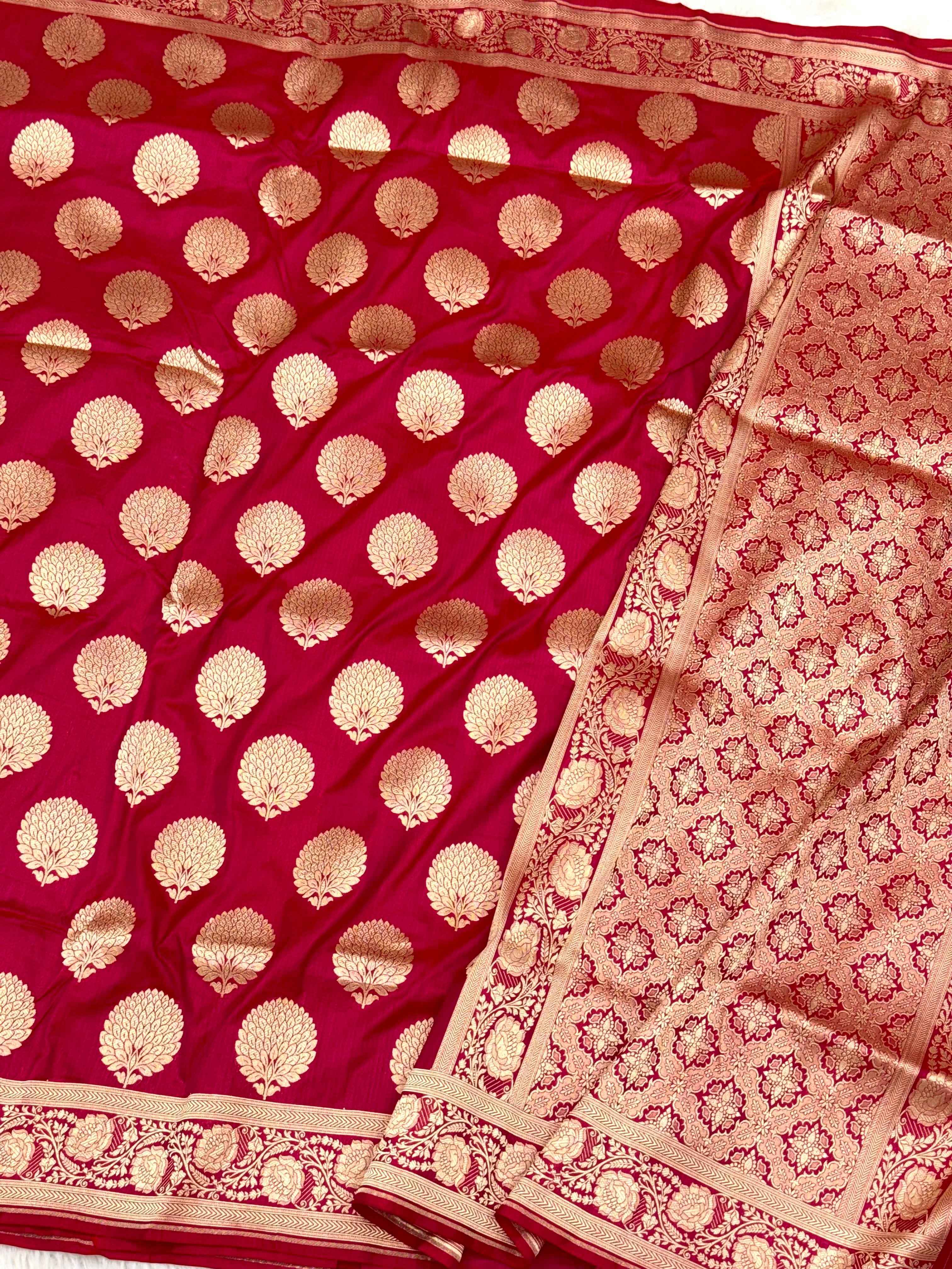 Wine Pure Katan Mulberry Silk Handwoven Modern Banarasi Saree With Kadhwa Artistry