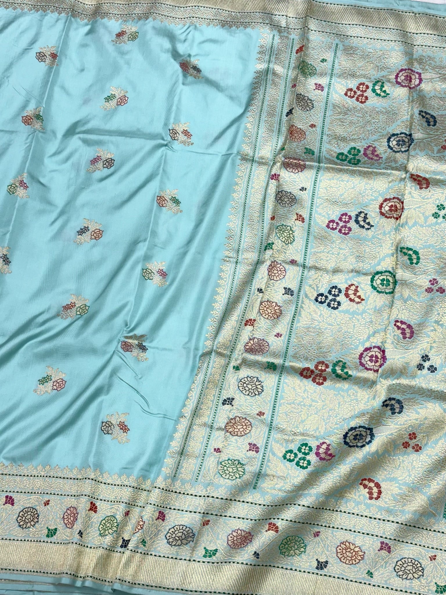 Sky Blue Pure Mulberry Katan Silk Handwoven Banarasi Saree - Kadhwa Ektara Weave