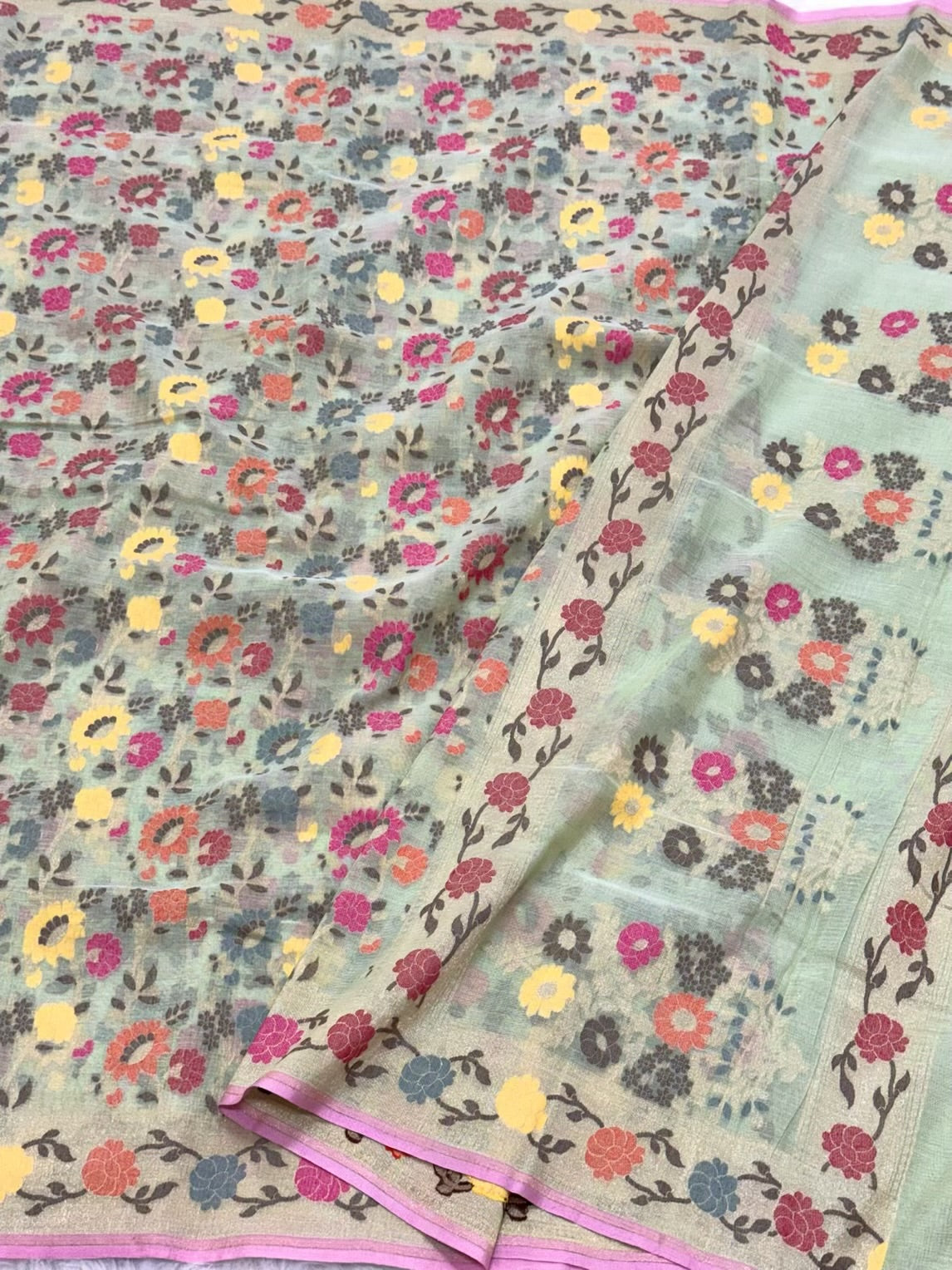 Pastel Green Pure Muslin Cotton Jamdani Handloom Banarasi Saree |Ektara Weave|