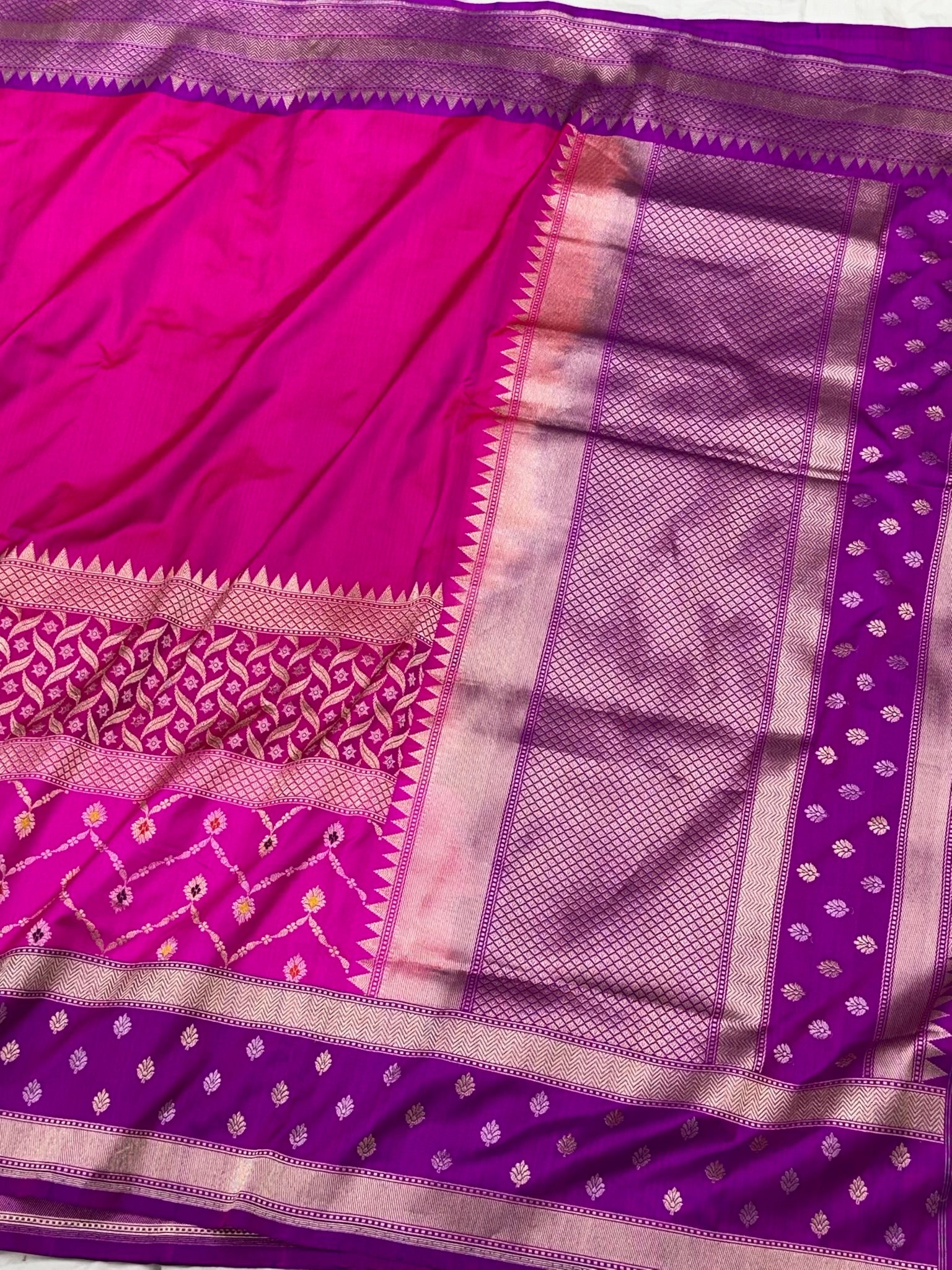 Pink Pure Mulberry Katan Silk | Ektara Kadhwa Technique | Multi Jaal Handwoven Contemporary Authentic Banarasi Saree