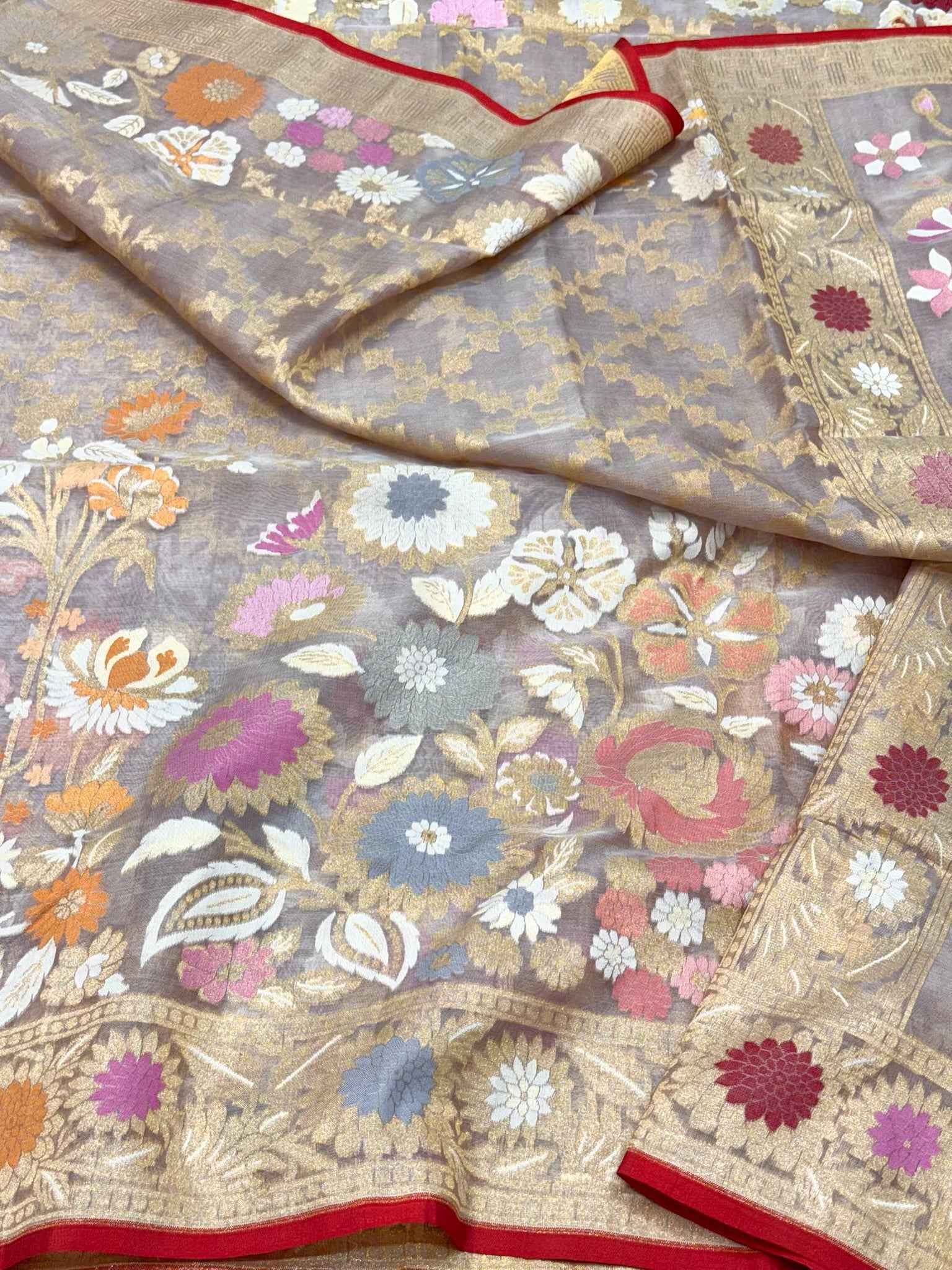 Ash Gray Pure Mulberry Kora Silk | Ektara Technique | Jamdani Handloom Contemporary Banarasi Modern Saree