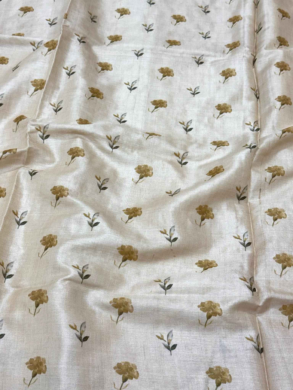 Ivory Pure Tussar Silk Handloom Printed with Embroidery Banarasi Saree - Soft Drape