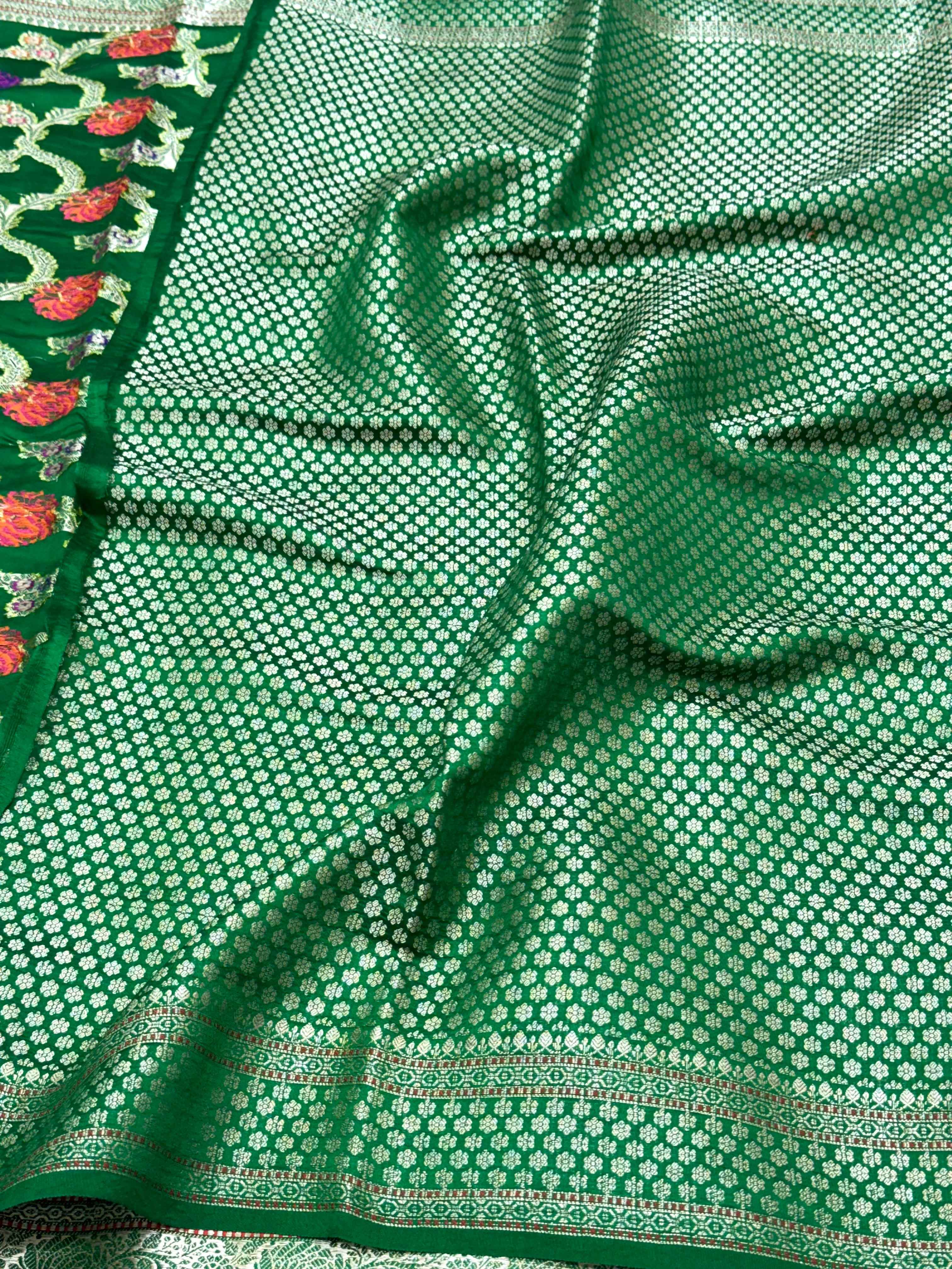 Green Pure Mulberry Chiniya Silk Meenakari Banarasi Saree- Lightweight